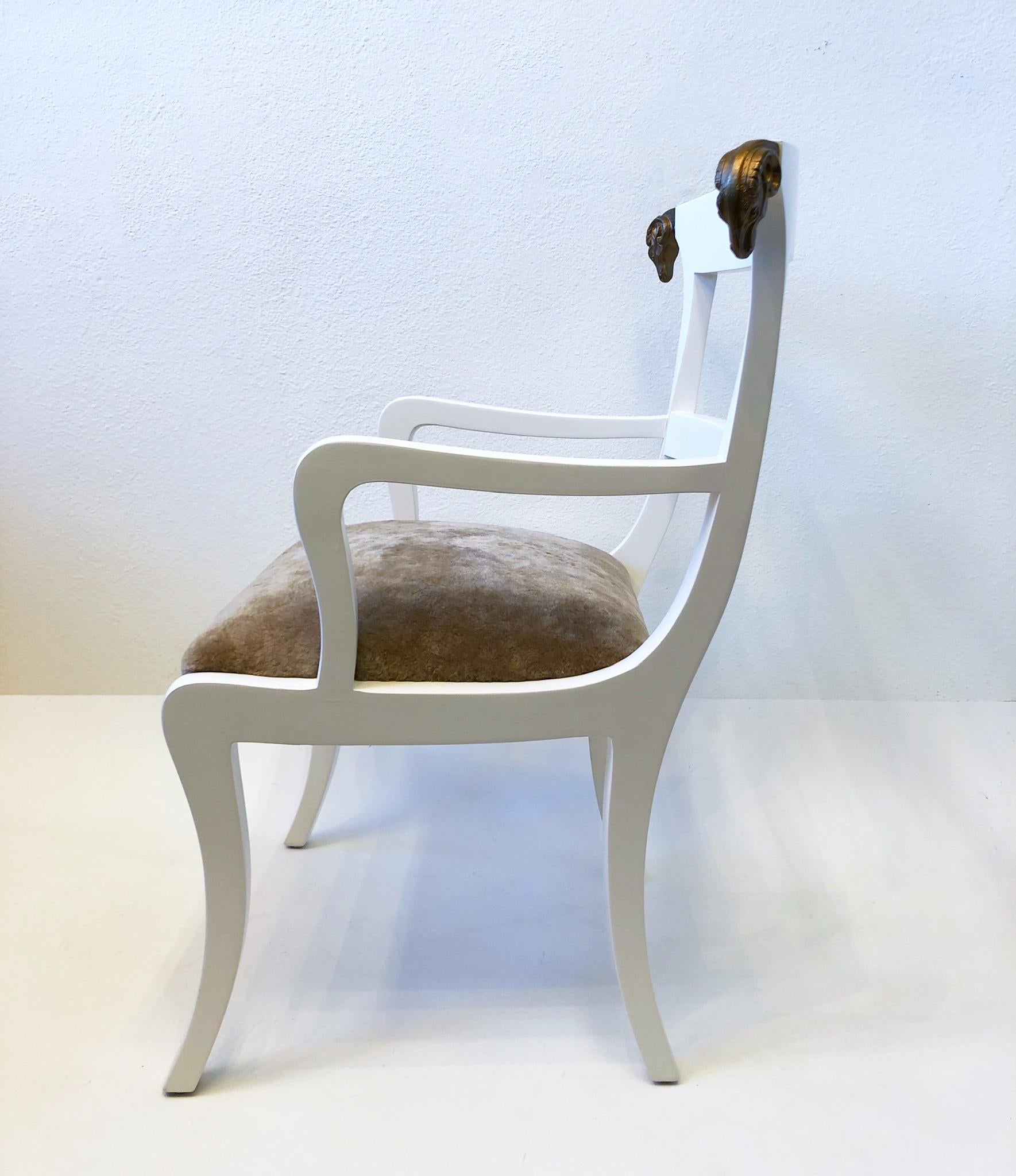 Colombian White Lacquer and Gold Rams Head Armchair by Enrique Garcel For Sale