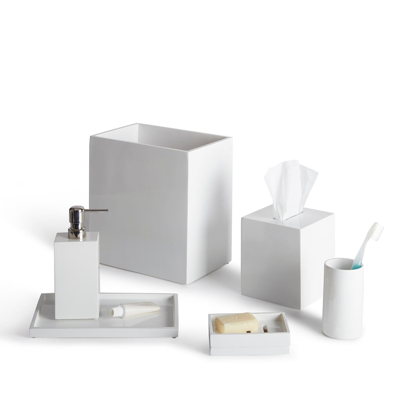 Lacquer your loo. Go from blah to spa with our line of hand-poured lacquer bath accessories. Each piece is finished with a high gloss clear coat to make it easy to clean and to protect from scratches.

Our white lacquer bath set includes one