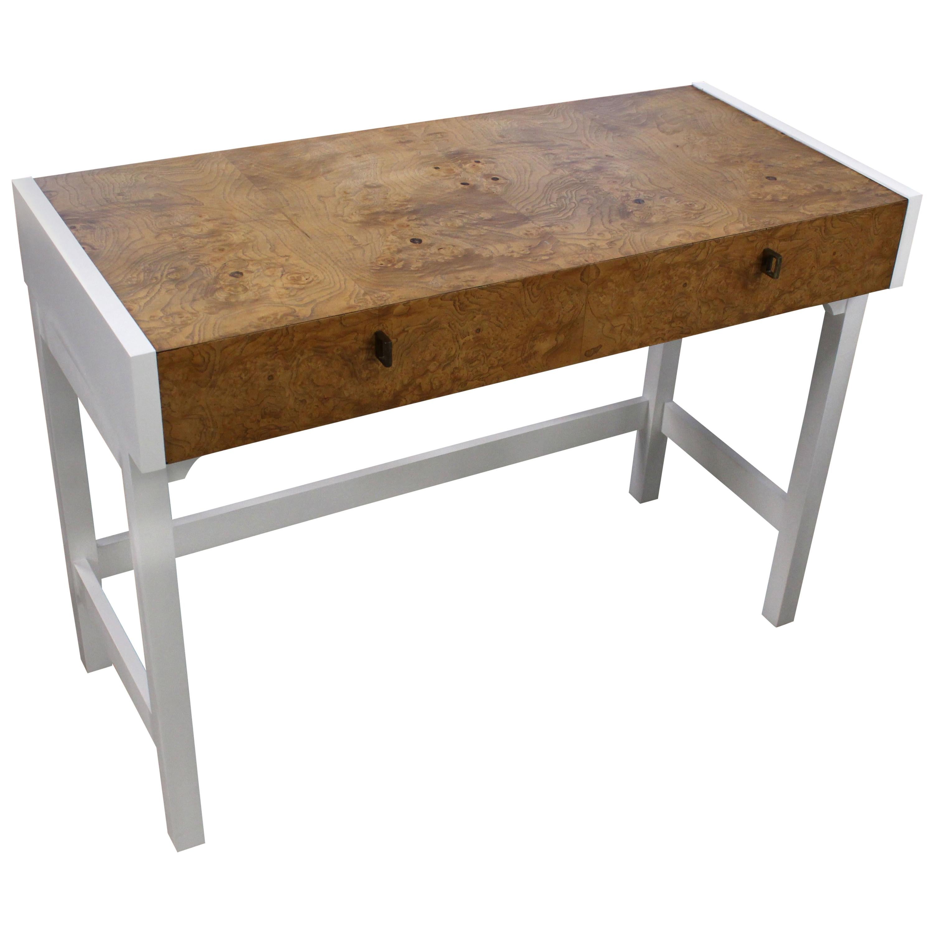 White Lacquer Burl Wood Top Petit Desk Console Hall Table