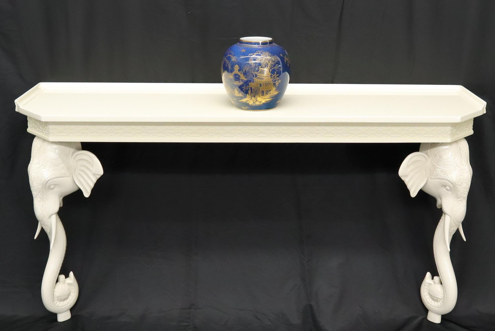 Hardwood White Lacquer Carved Elephant Bases Console Wall Table For Sale