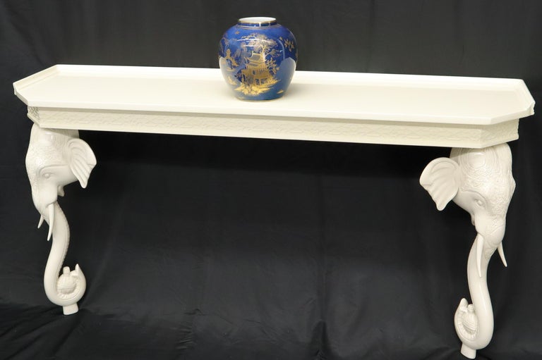 White Lacquer Carved Elephant Bases Console Wall Table For Sale at