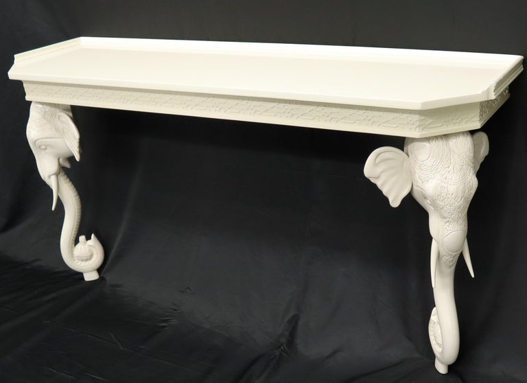 White Lacquer Carved Elephant Bases Console Wall Table For Sale at