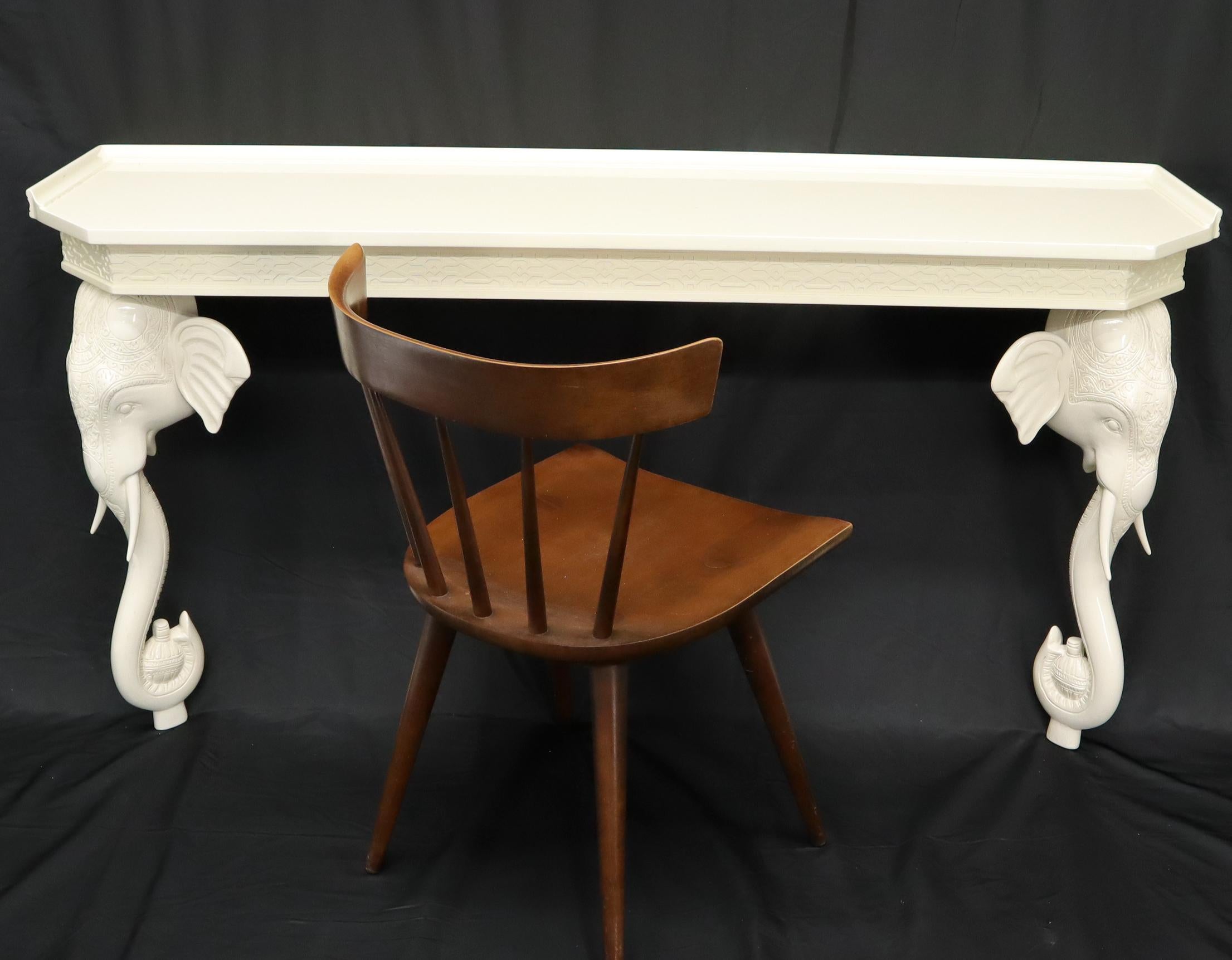 Mid-Century Modern White Lacquer Carved Elephant Bases Console Wall Table For Sale