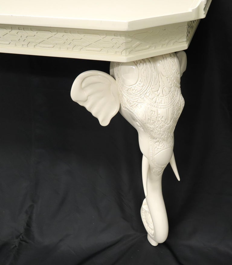 White Lacquer Carved Elephant Bases Console Wall Table For Sale at