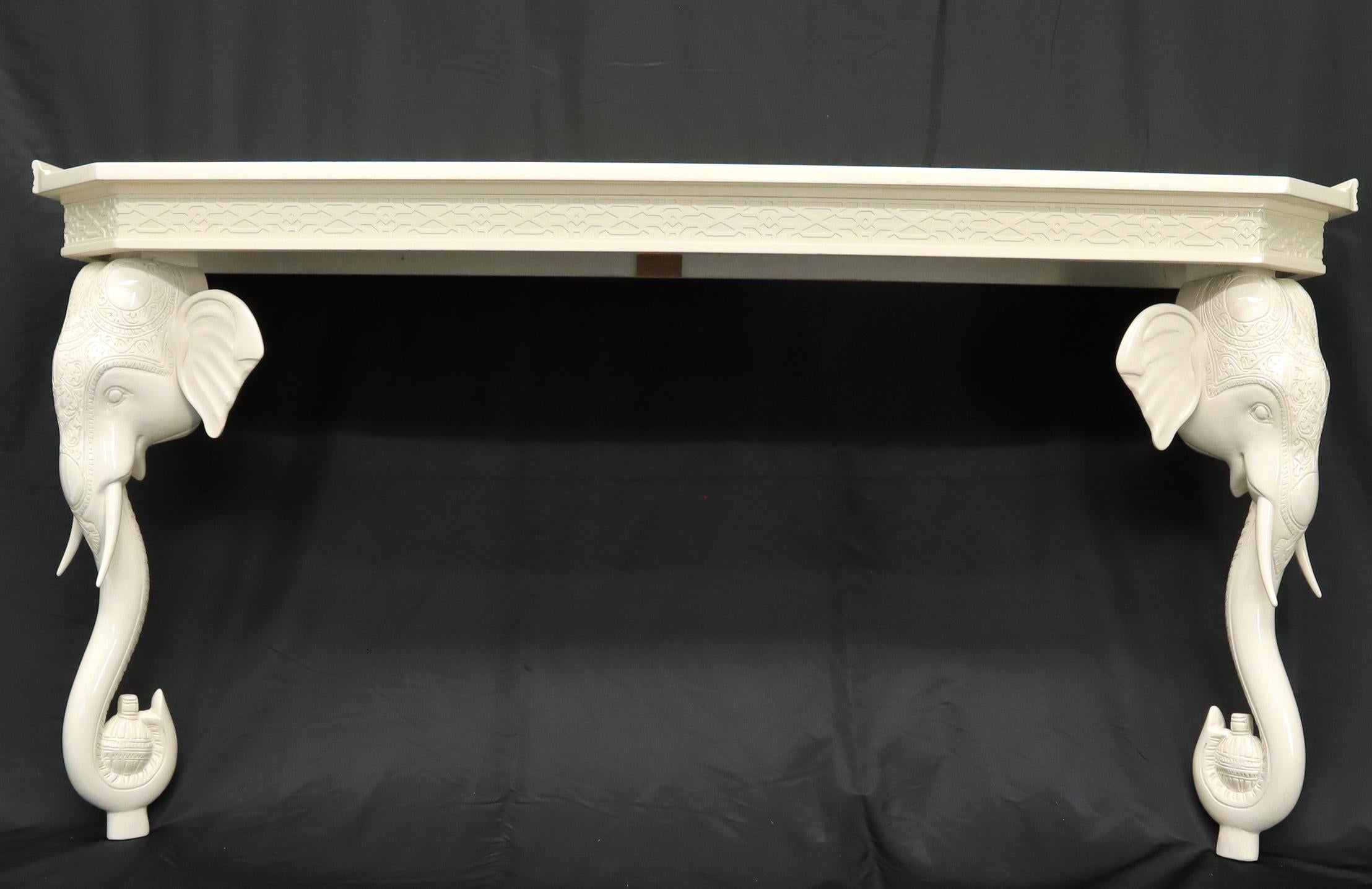 White Lacquer Carved Elephant Bases Console Wall Table In Good Condition For Sale In Rockaway, NJ
