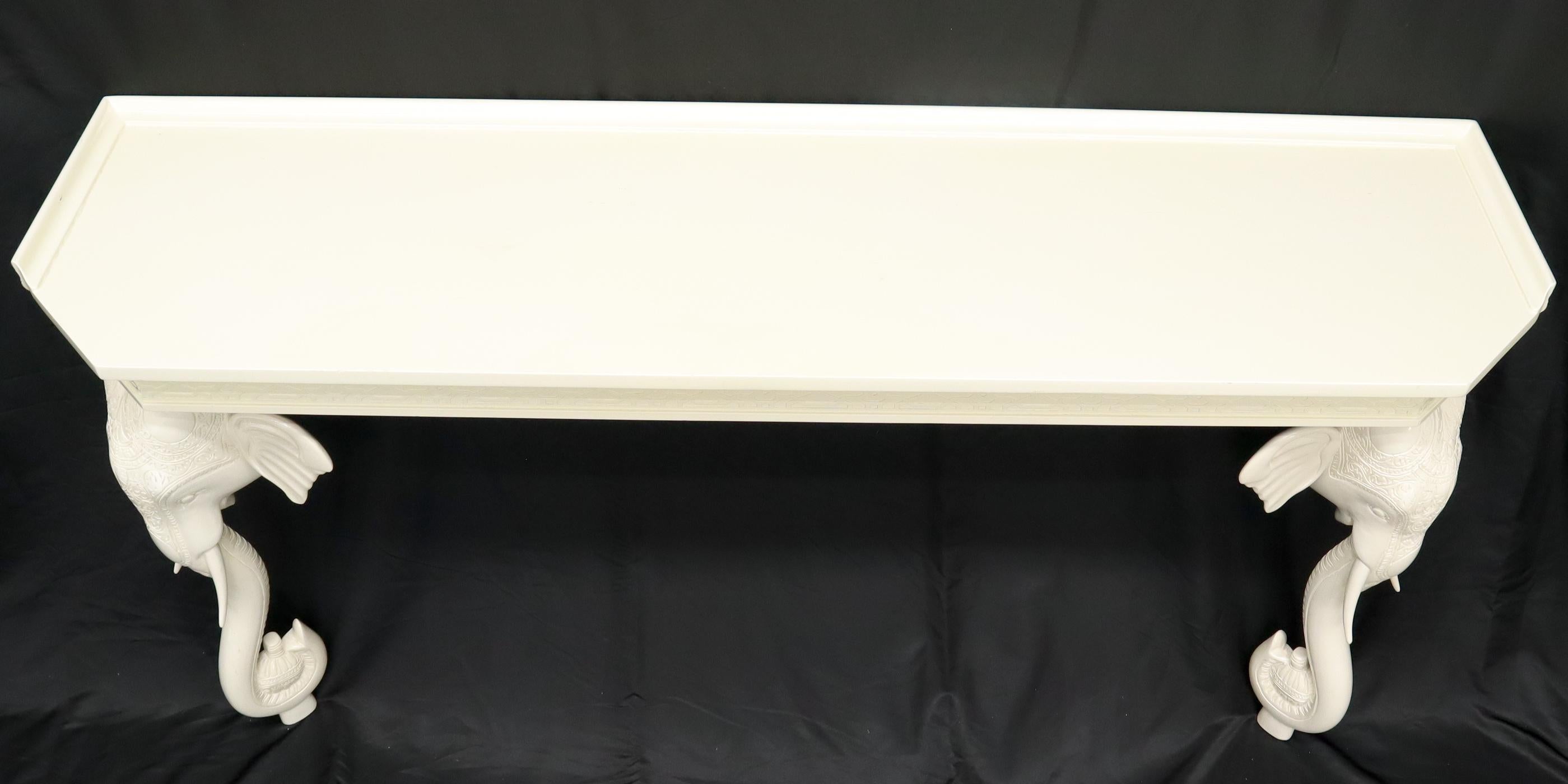 20th Century White Lacquer Carved Elephant Bases Console Wall Table For Sale