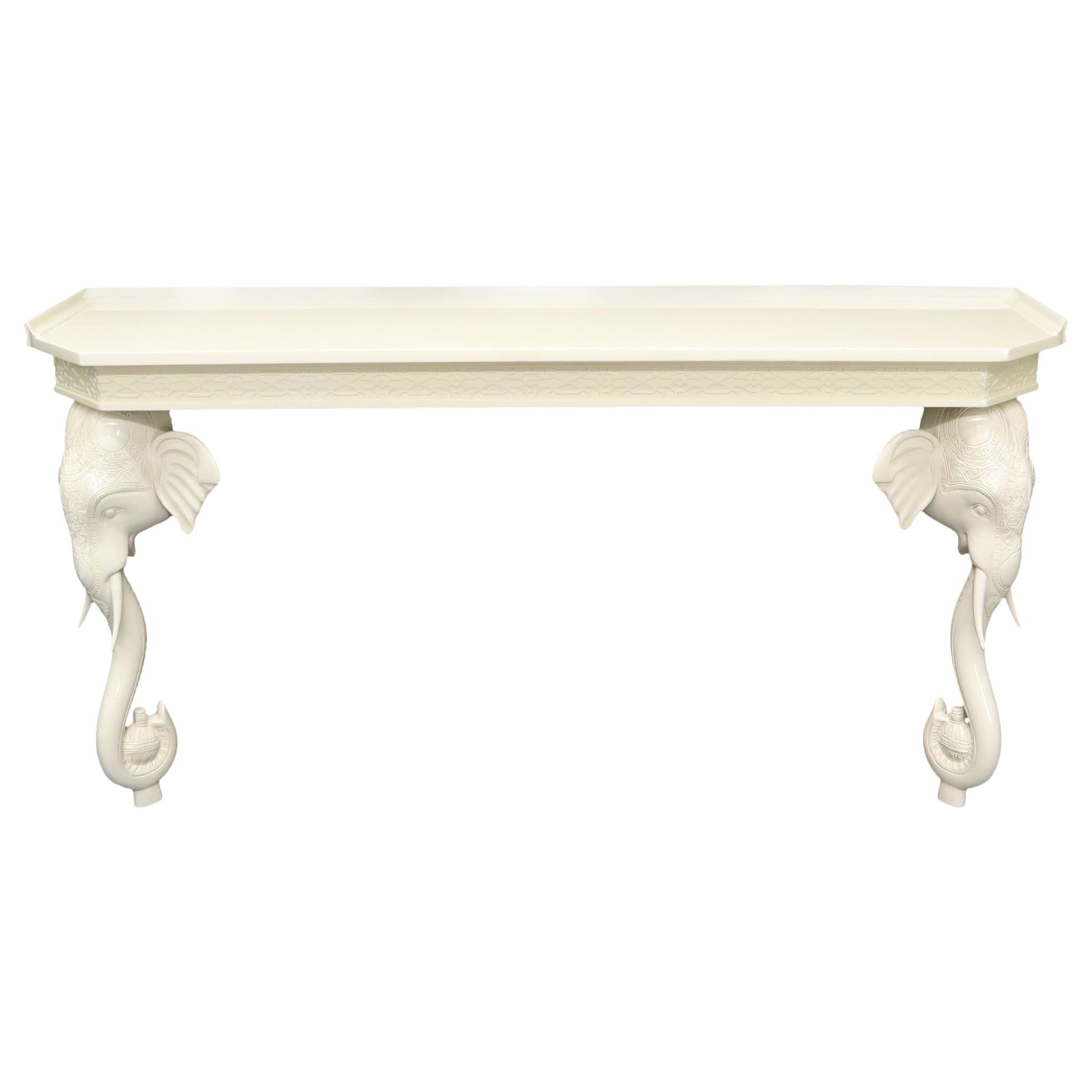 White Lacquer Carved Elephant Bases Console Wall Table For Sale