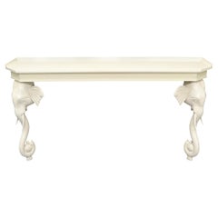 Vintage White Lacquer Carved Elephant Bases Console Wall Table