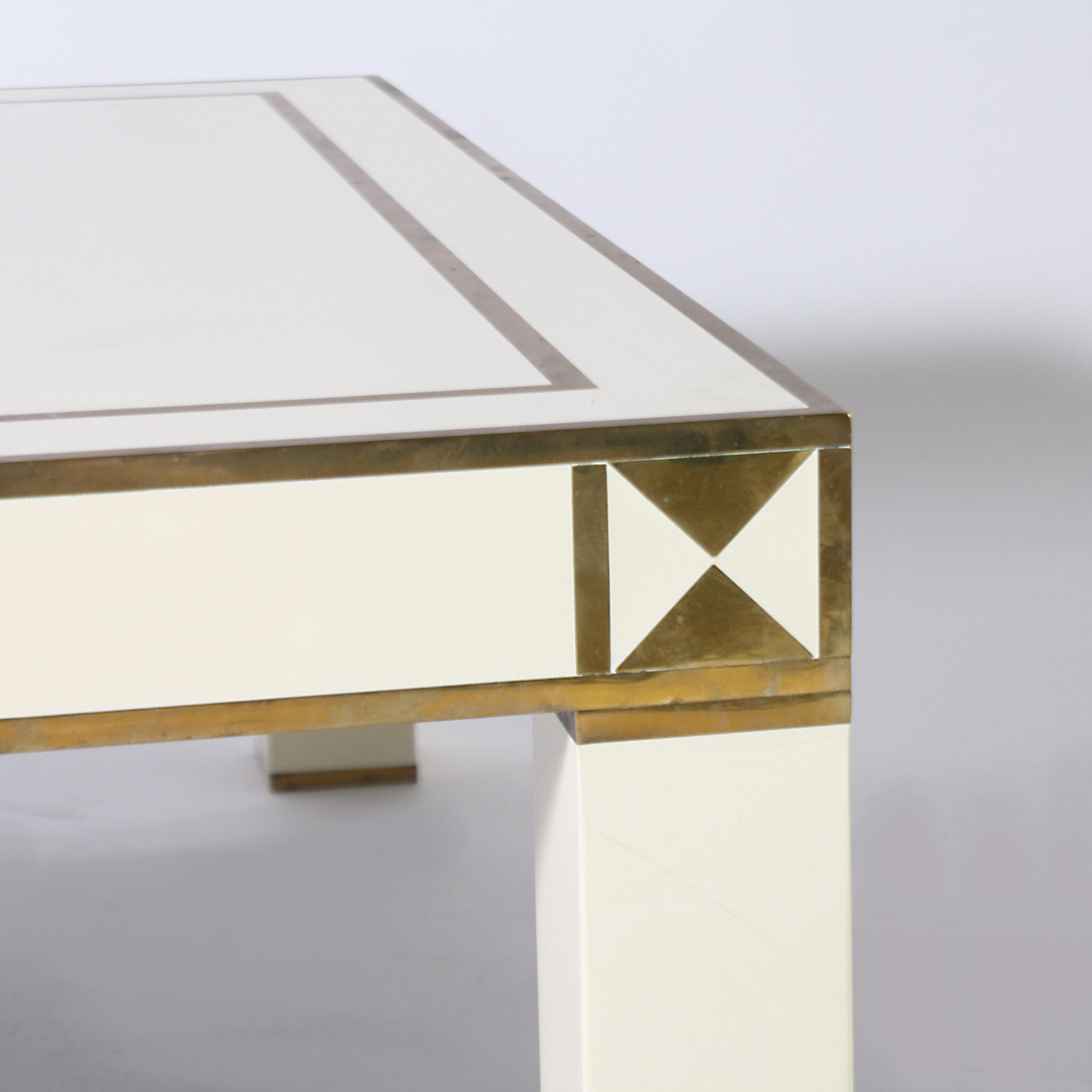 French White Lacquer Coffee Table with Brass Details, circa 1950