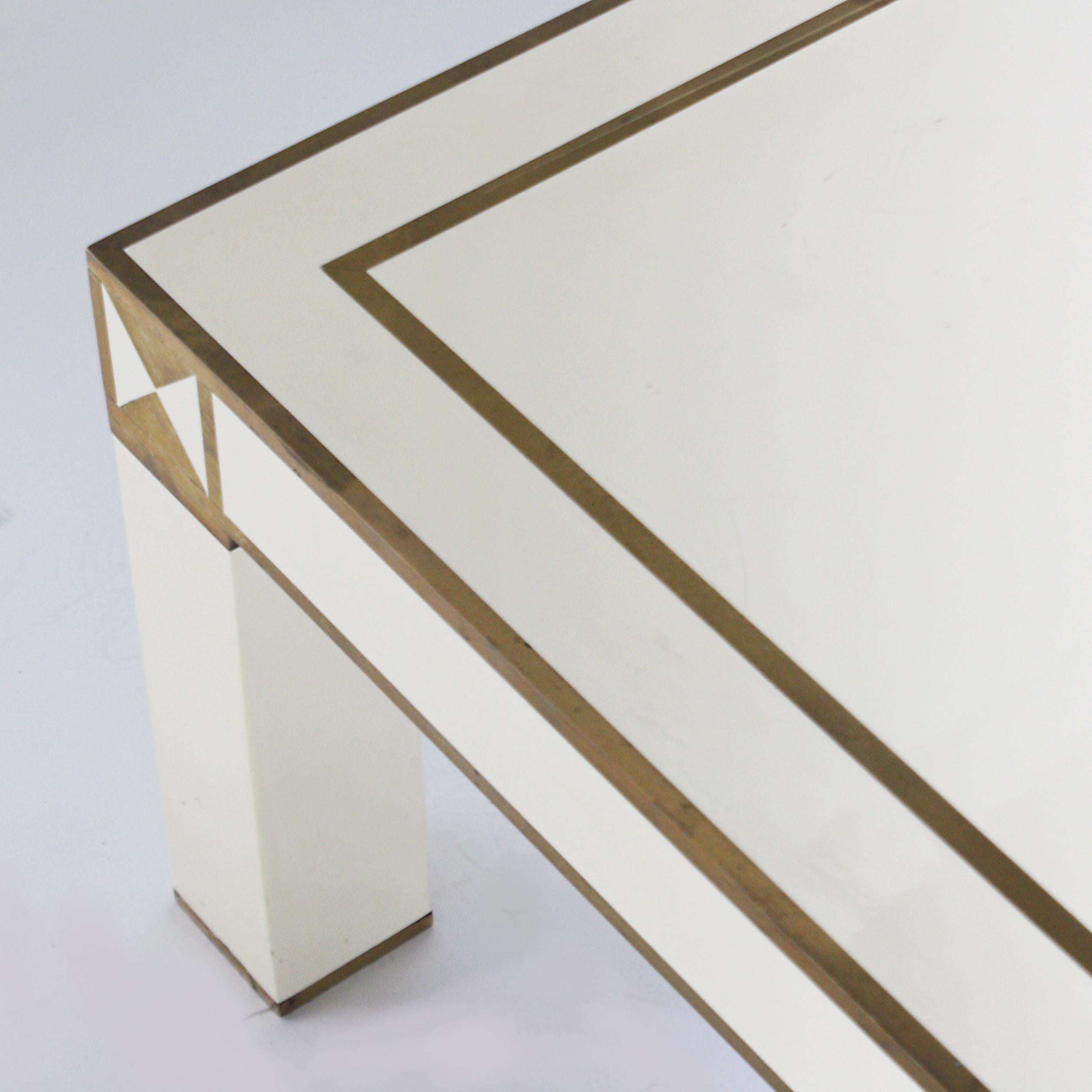 White Lacquer Coffee Table with Brass Details, circa 1950 In Good Condition In Dallas, TX