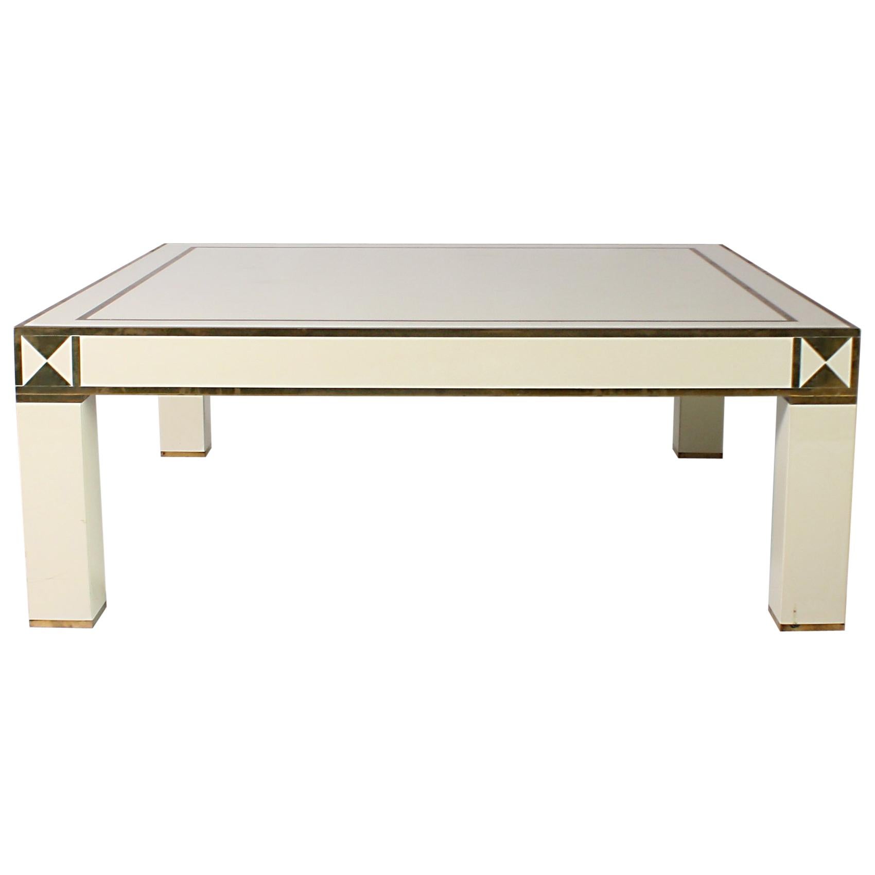 White Lacquer Coffee Table with Brass Details, circa 1950