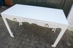 White Lacquer Desk with Brass Ring Pulls, Vintage Style, 1990s, USA