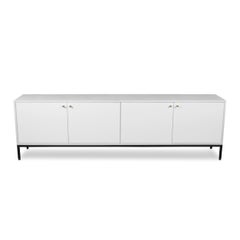 Credenza laccata bianca con cornice effetto lino su base in acciaio nero opaco