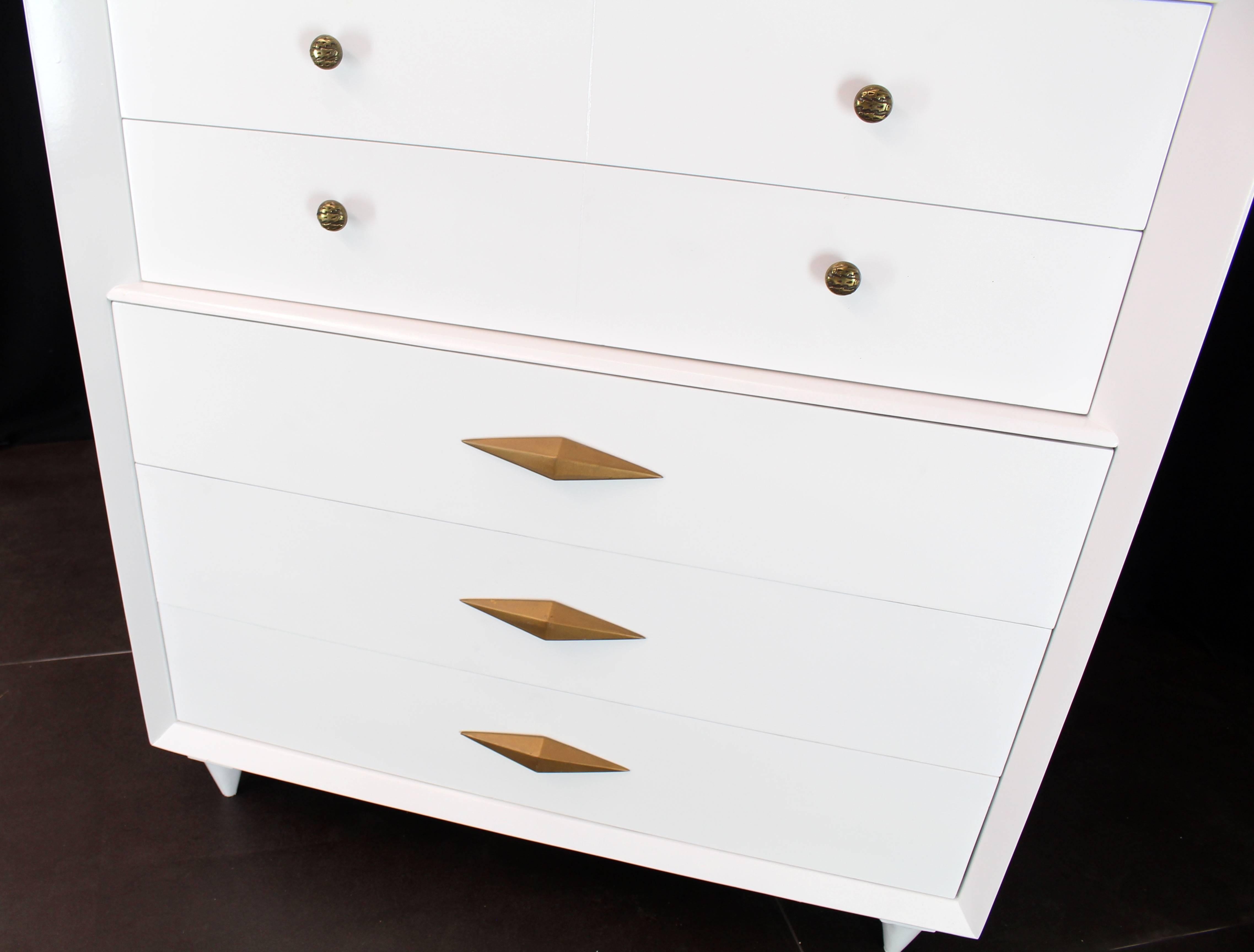 Mid-Century Modern White Lacquer Deco Style High Chest Dresser with Diamond Pulls For Sale
