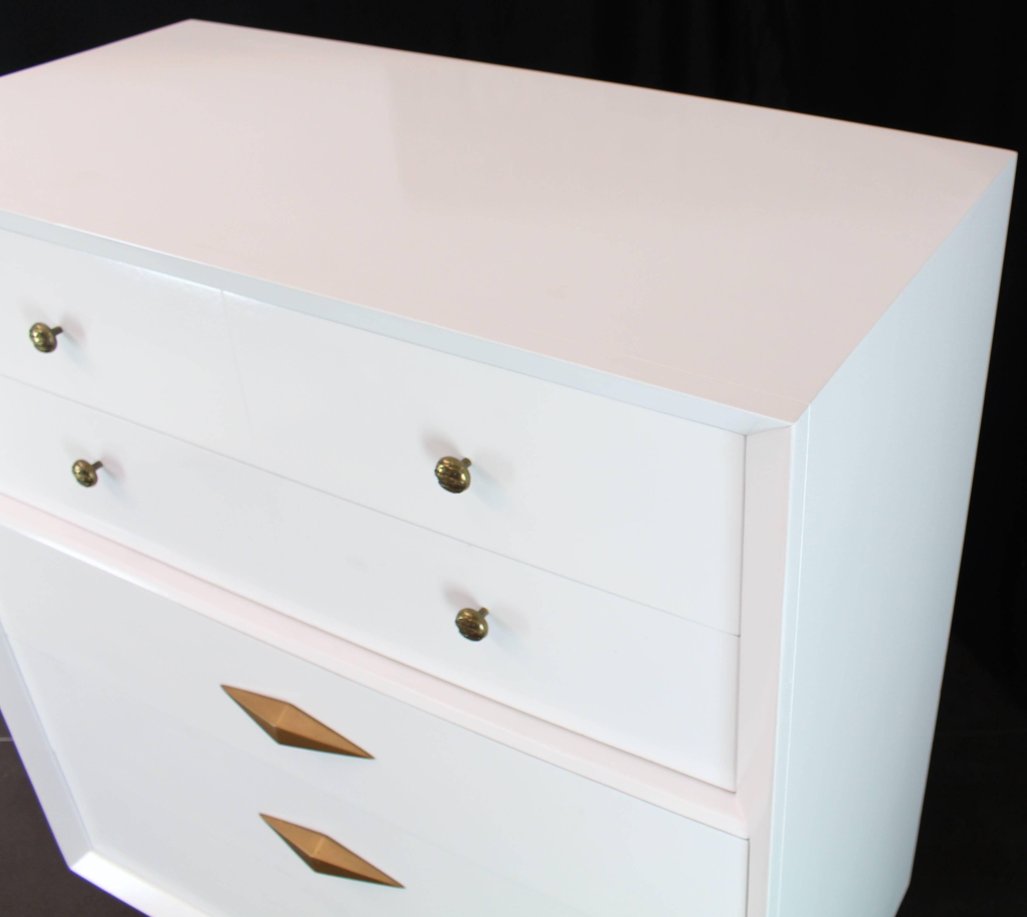 American White Lacquer Deco Style High Chest Dresser with Diamond Pulls For Sale