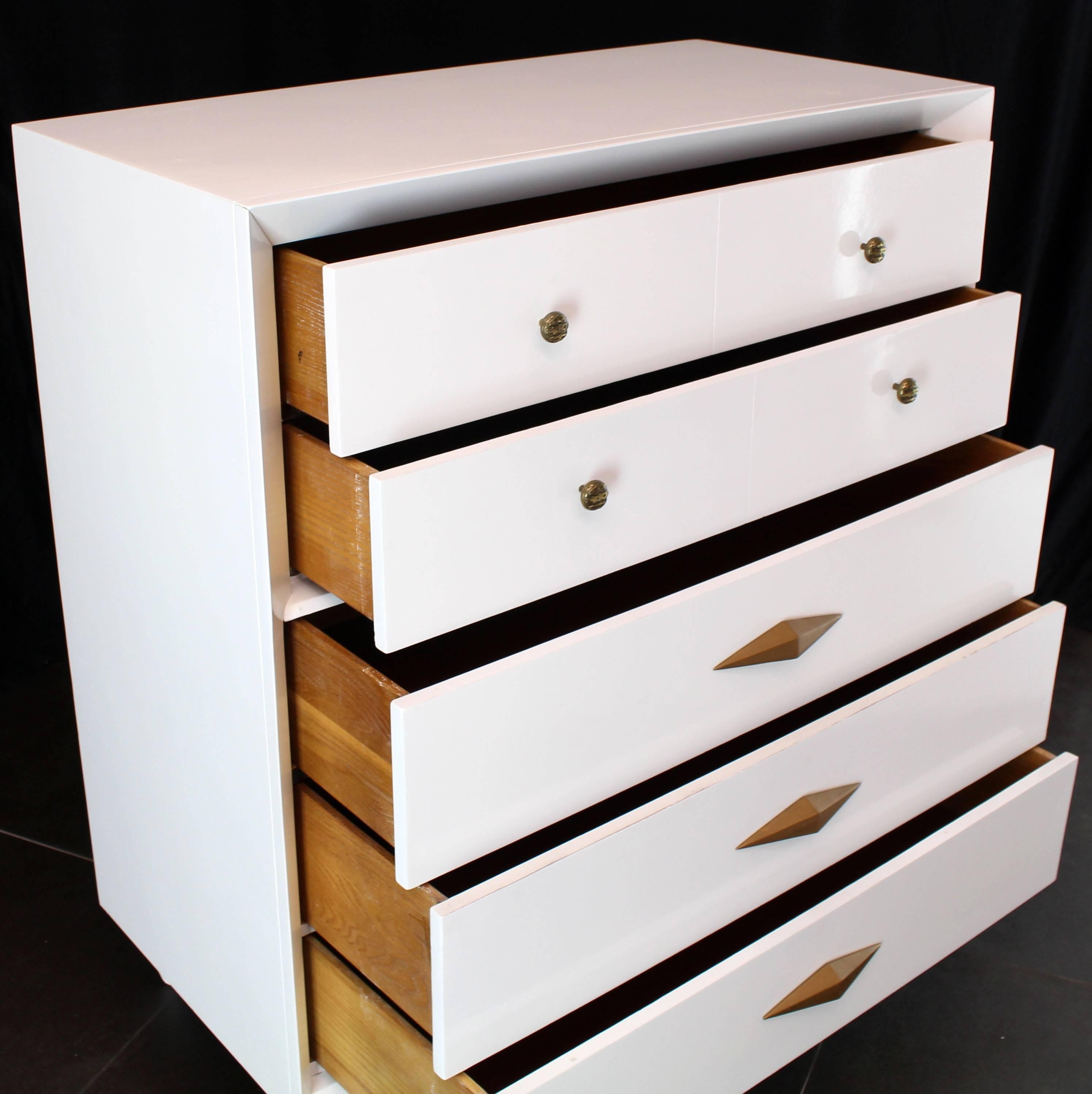 Lacquered White Lacquer Deco Style High Chest Dresser with Diamond Pulls For Sale