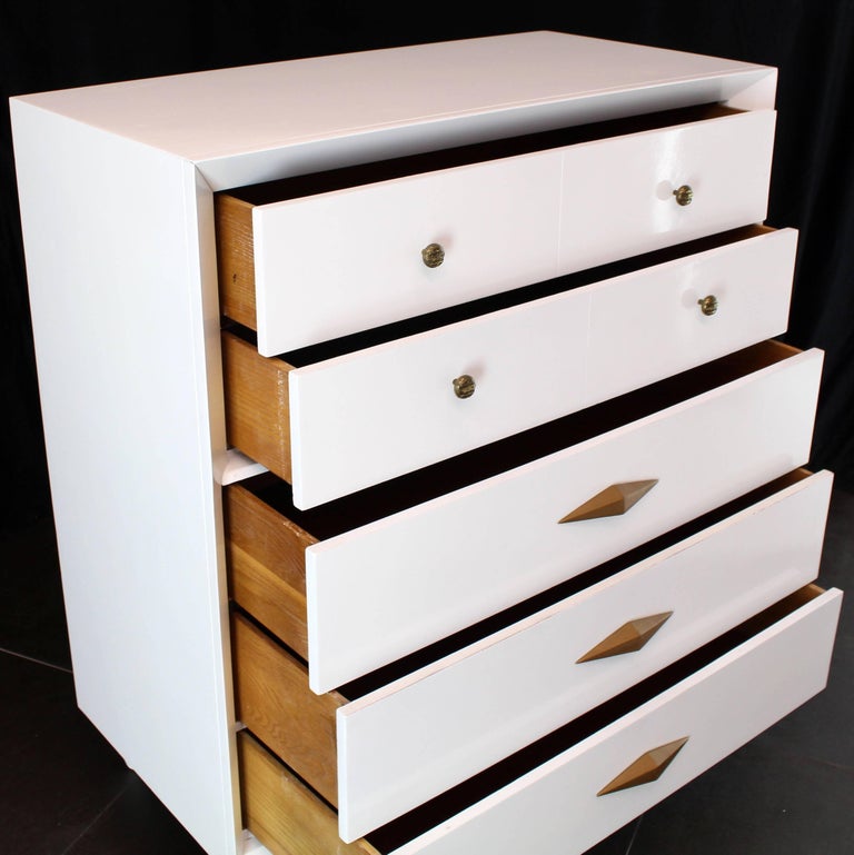 White Lacquer Deco Style High Chest Dresser with Diamond Pulls For Sale