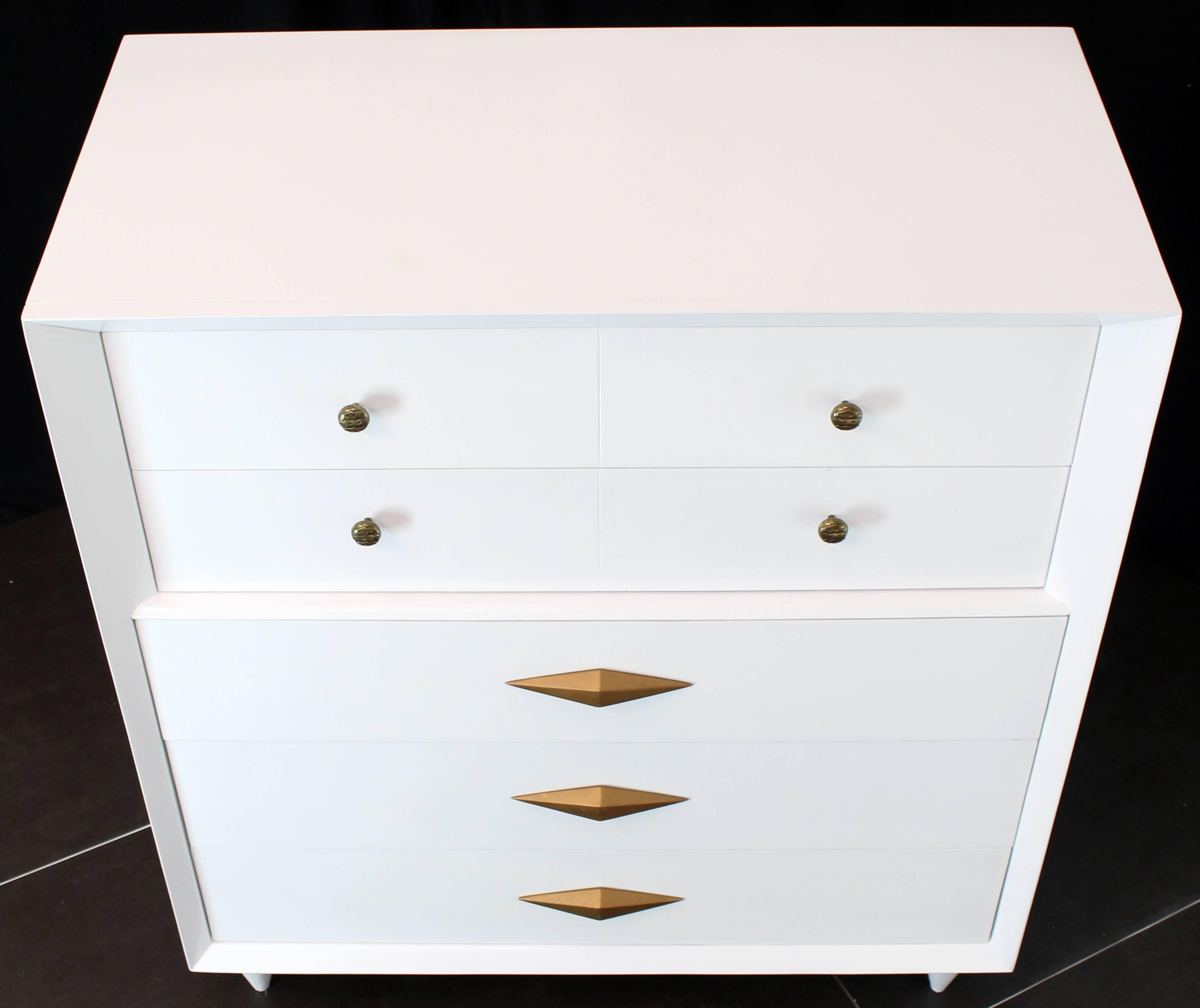 20th Century White Lacquer Deco Style High Chest Dresser with Diamond Pulls For Sale
