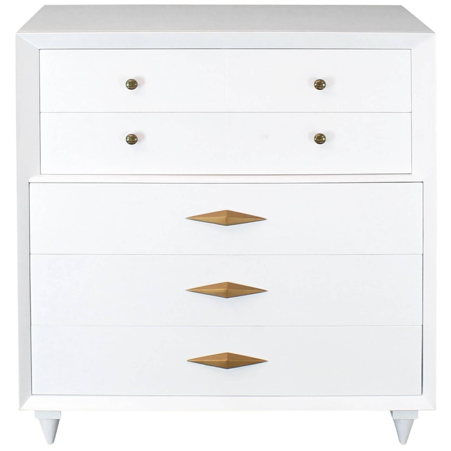 White Lacquer Deco Style High Chest Dresser with Diamond Pulls For Sale