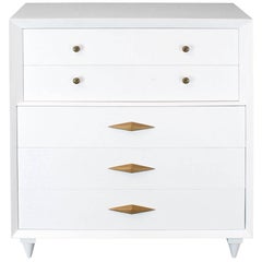 White Lacquer Deco Style High Chest Dresser with Diamond Pulls