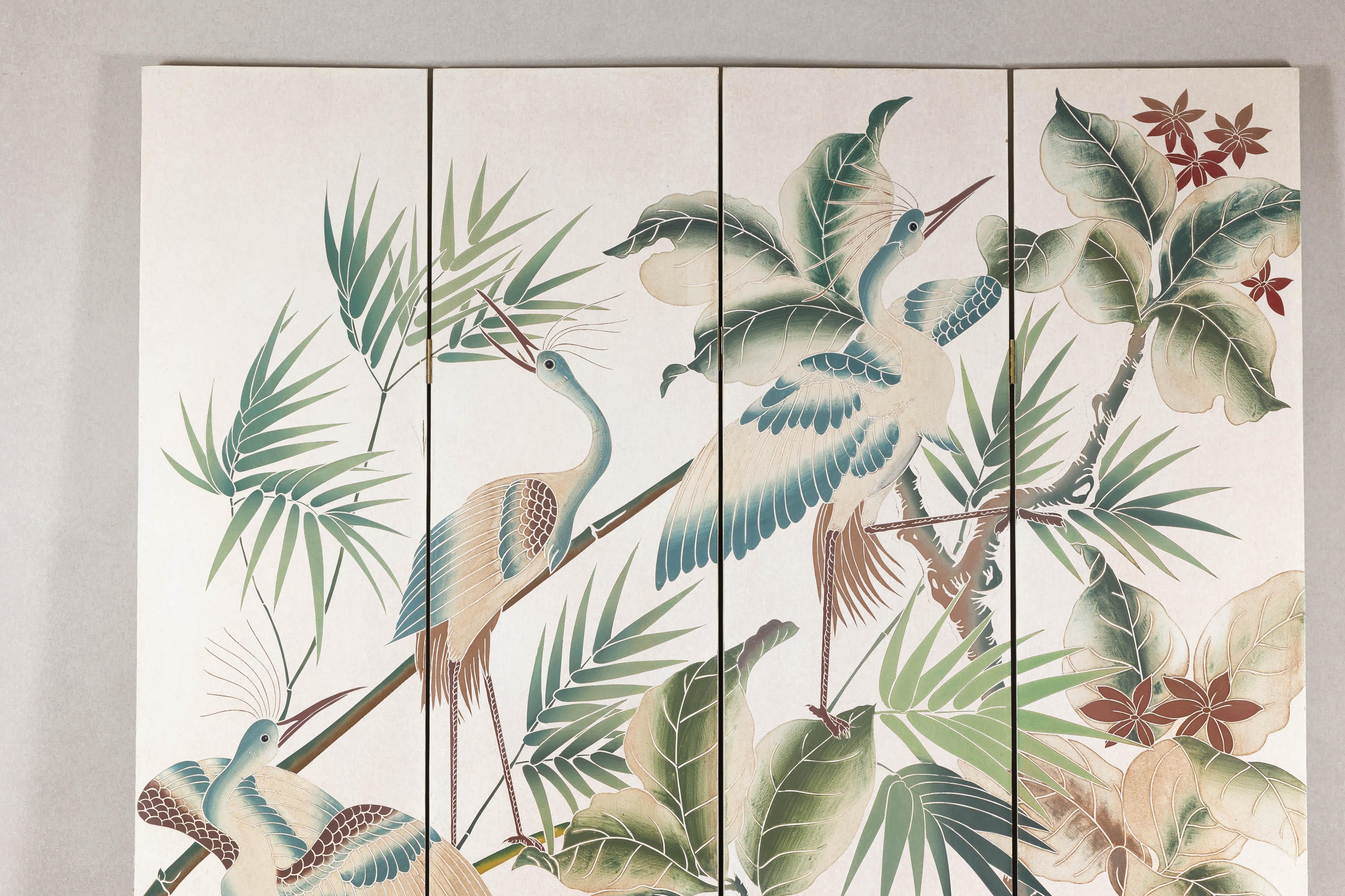 White Lacquer Four-Panel Screen with Hand-Painted Cranes and Foliage For Sale 5