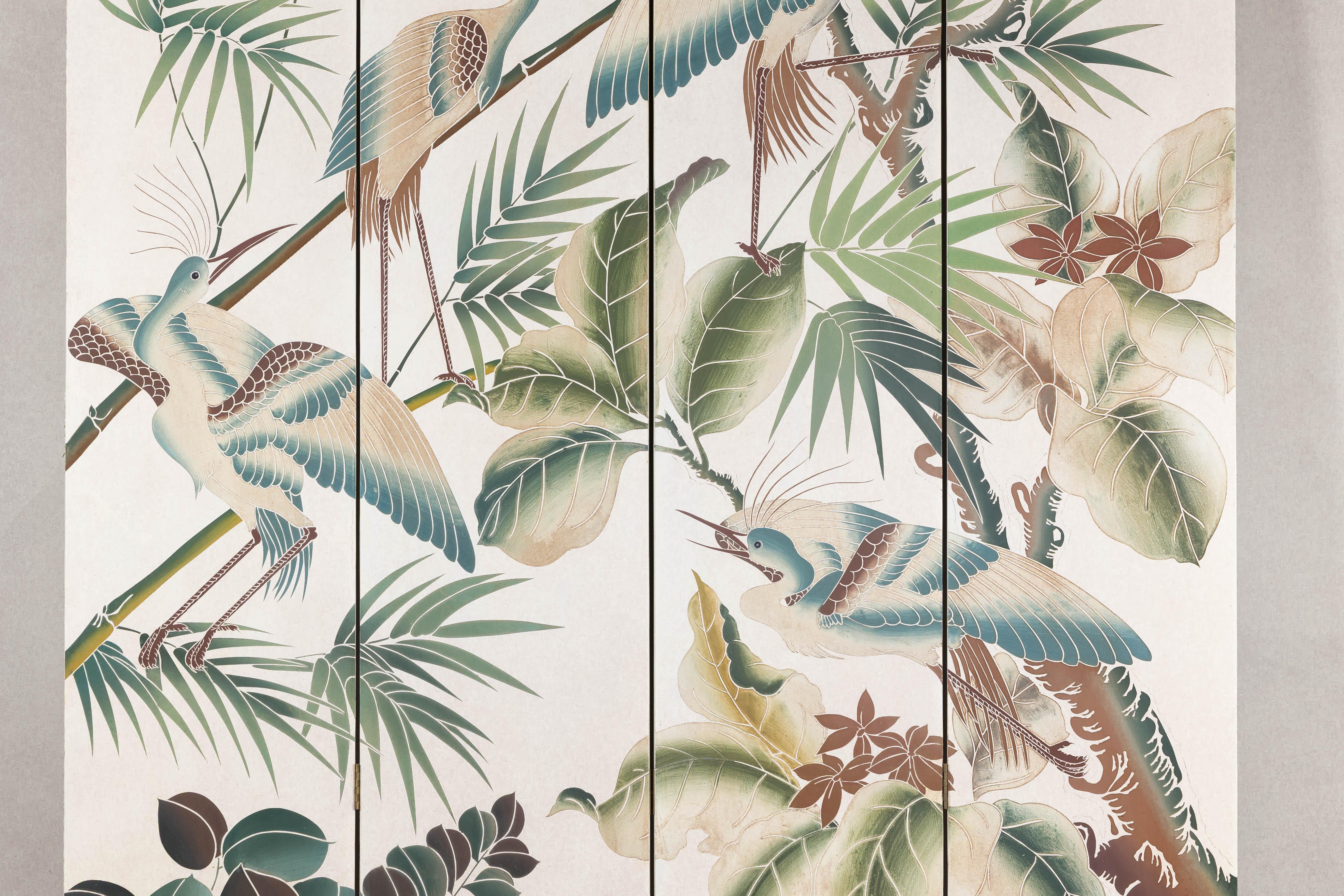 White Lacquer Four-Panel Screen with Hand-Painted Cranes and Foliage For Sale 6