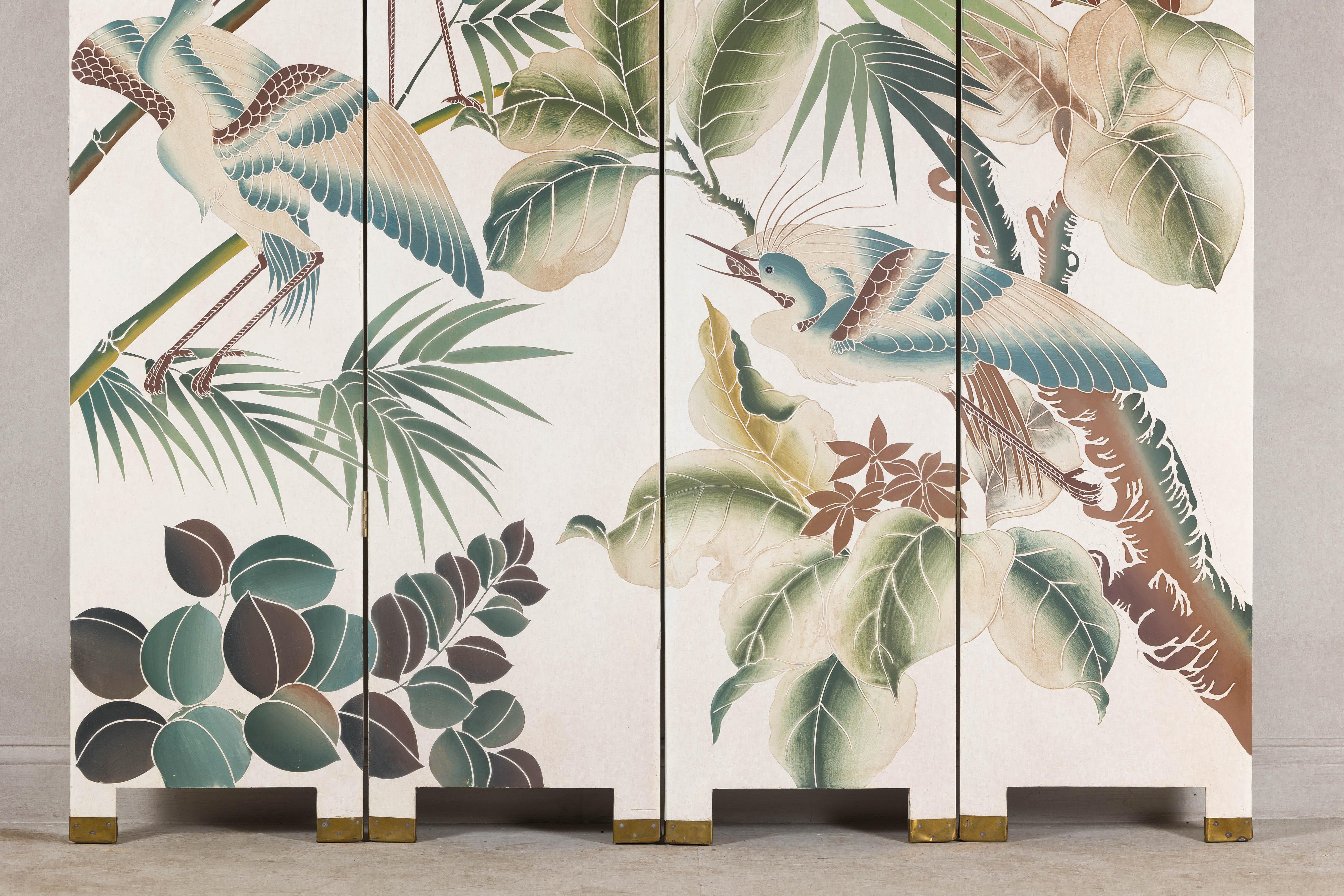 White Lacquer Four-Panel Screen with Hand-Painted Cranes and Foliage For Sale 7