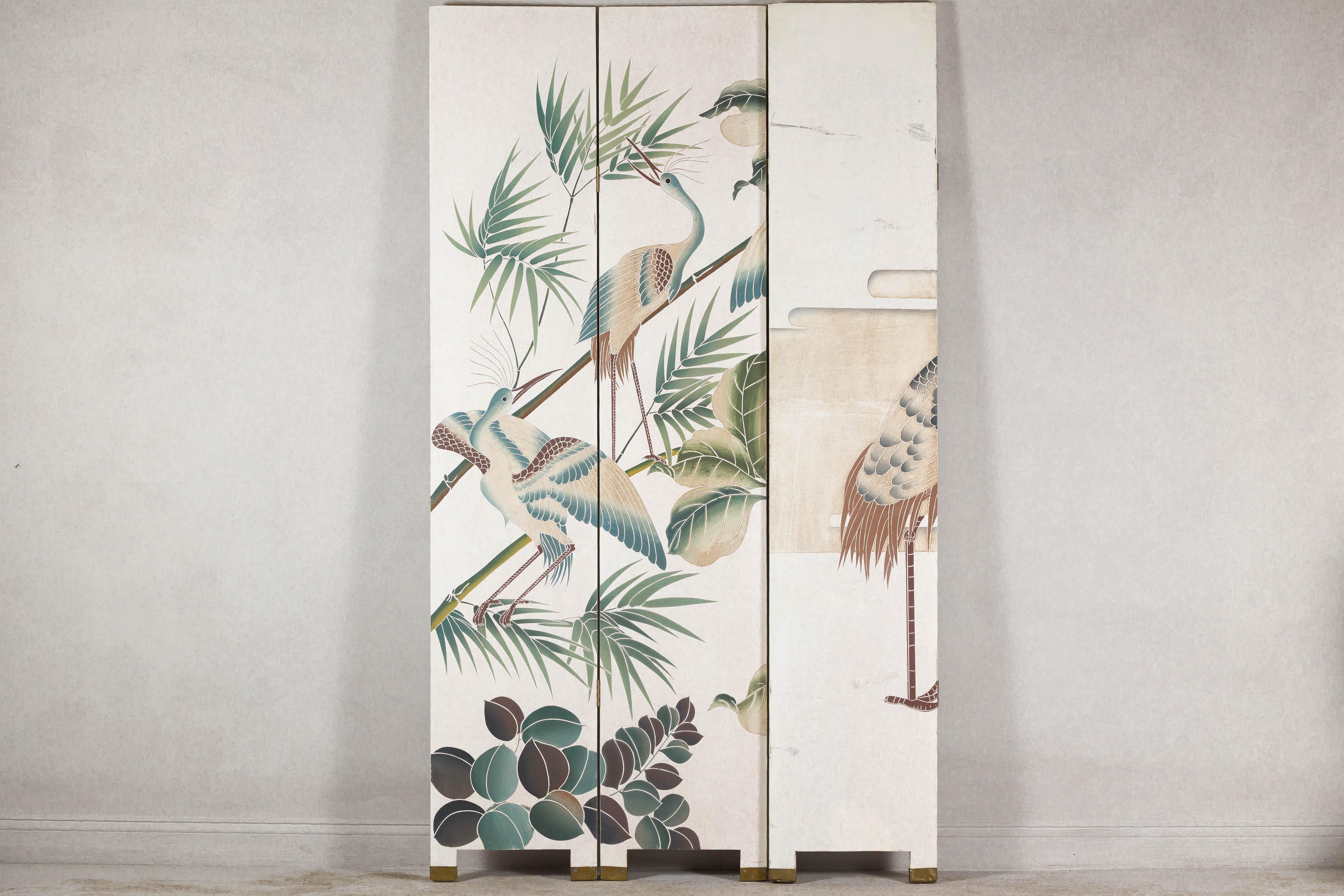 White Lacquer Four-Panel Screen with Hand-Painted Cranes and Foliage For Sale 8