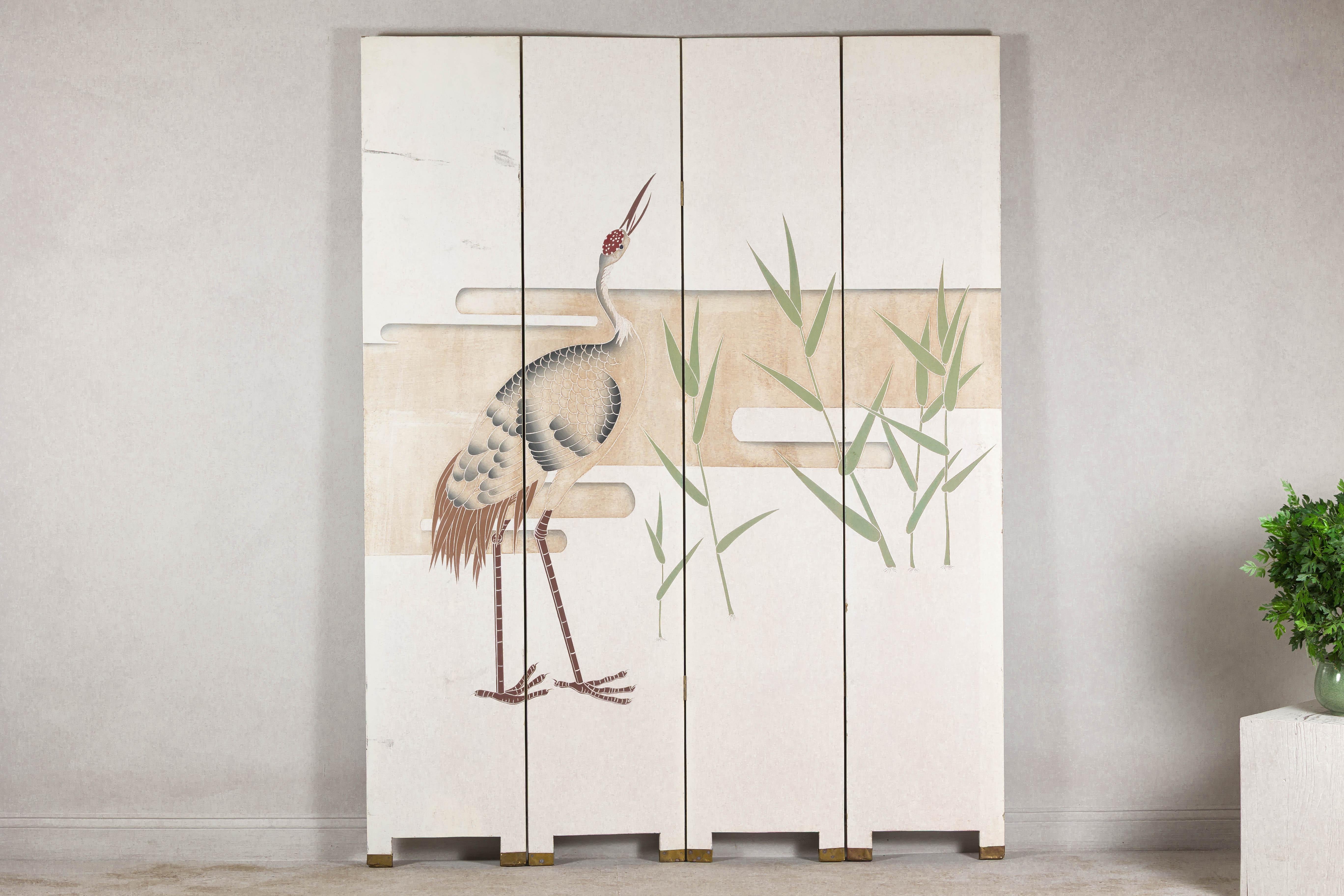 White Lacquer Four-Panel Screen with Hand-Painted Cranes and Foliage For Sale 9
