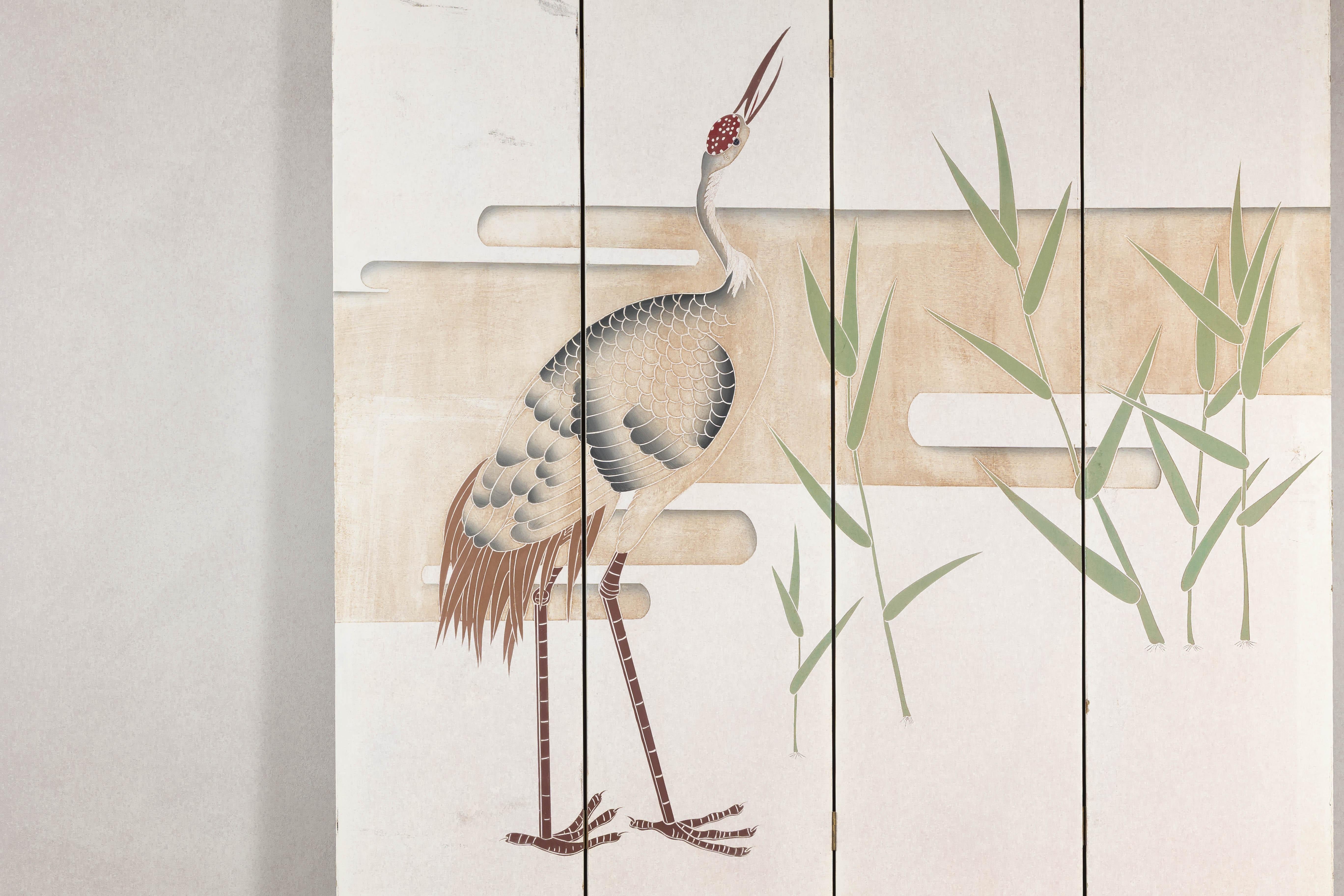 White Lacquer Four-Panel Screen with Hand-Painted Cranes and Foliage For Sale 10