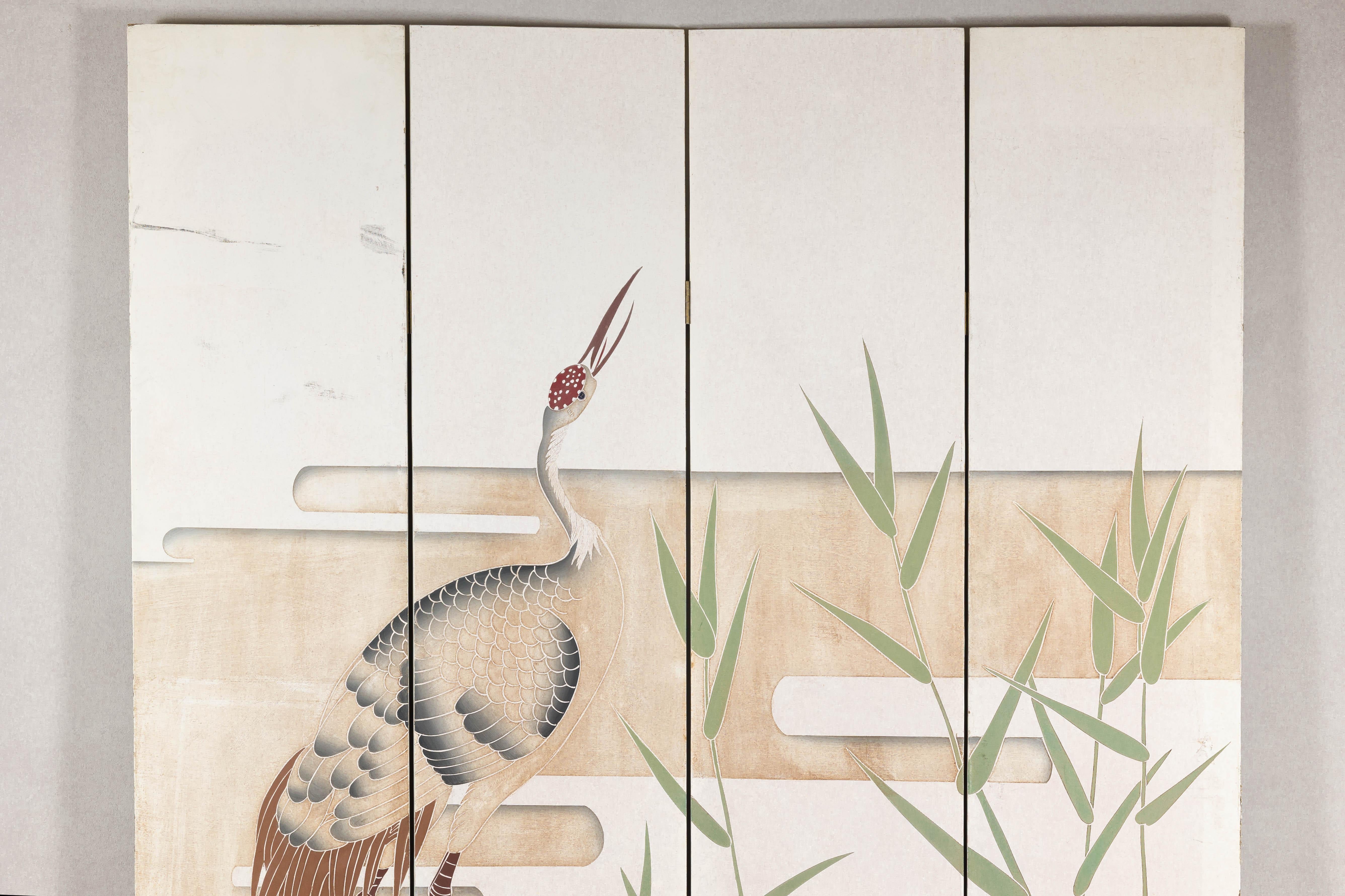 White Lacquer Four-Panel Screen with Hand-Painted Cranes and Foliage For Sale 11