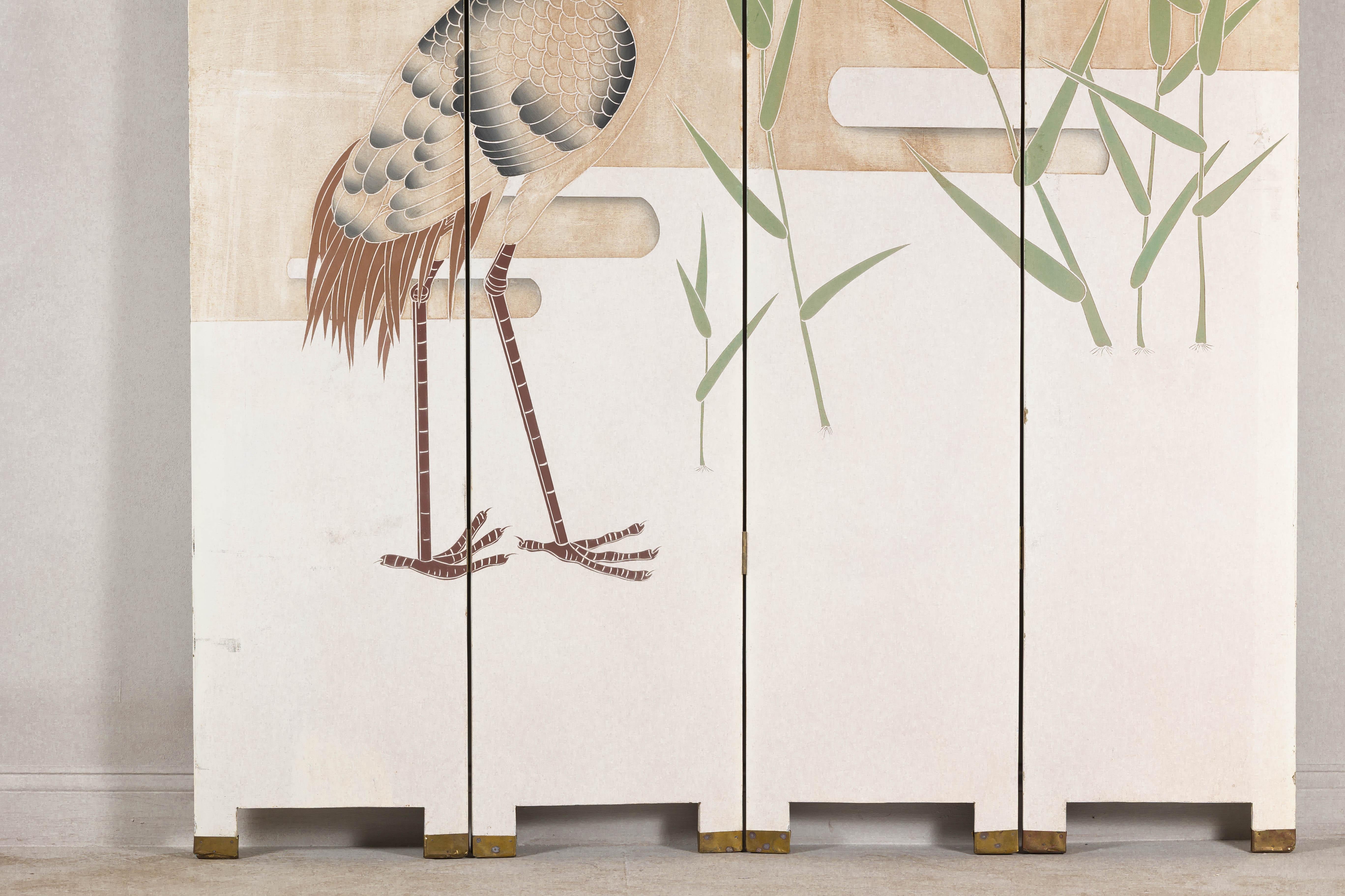White Lacquer Four-Panel Screen with Hand-Painted Cranes and Foliage For Sale 12