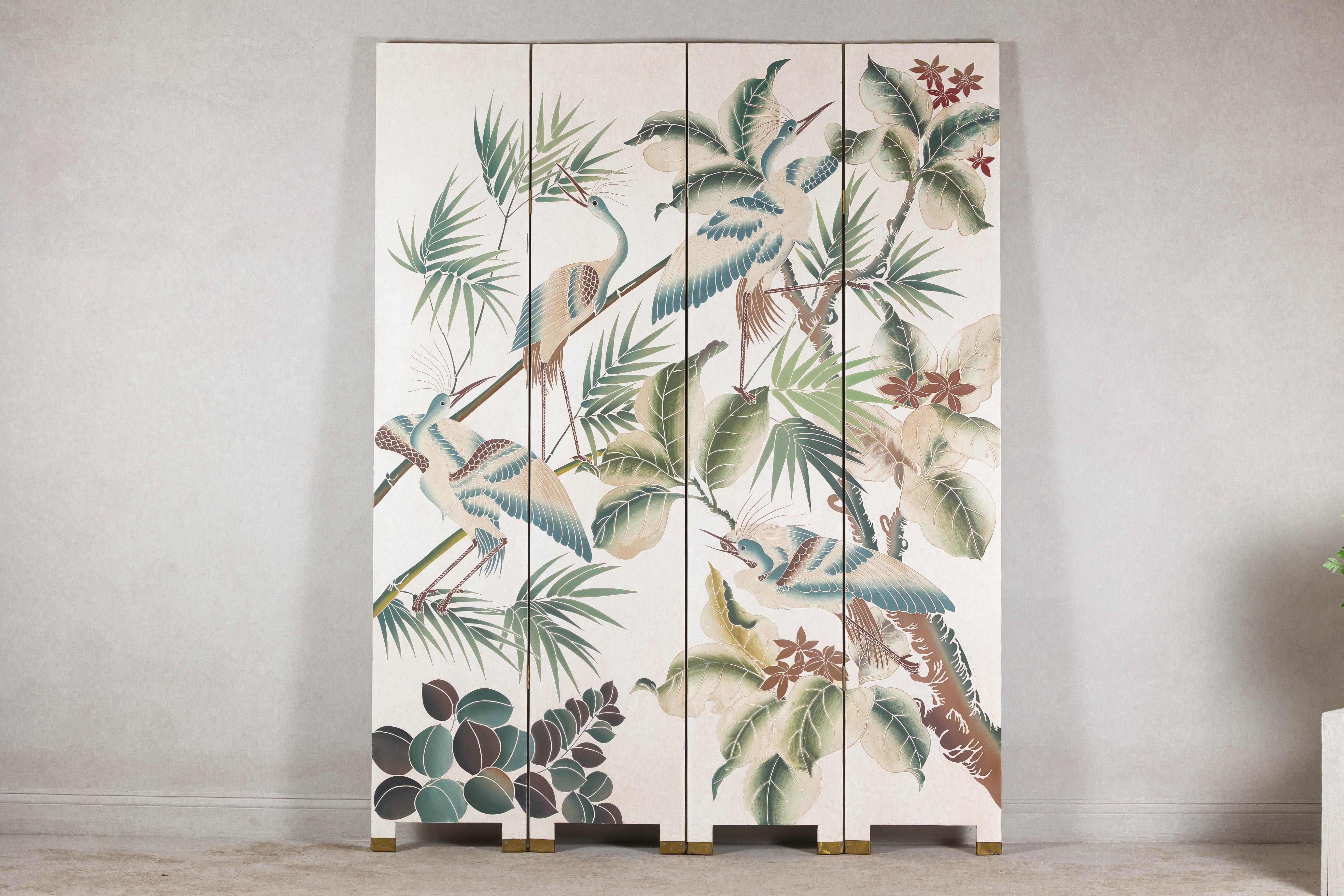 White Lacquer Four-Panel Screen with Hand-Painted Cranes and Foliage For Sale 13