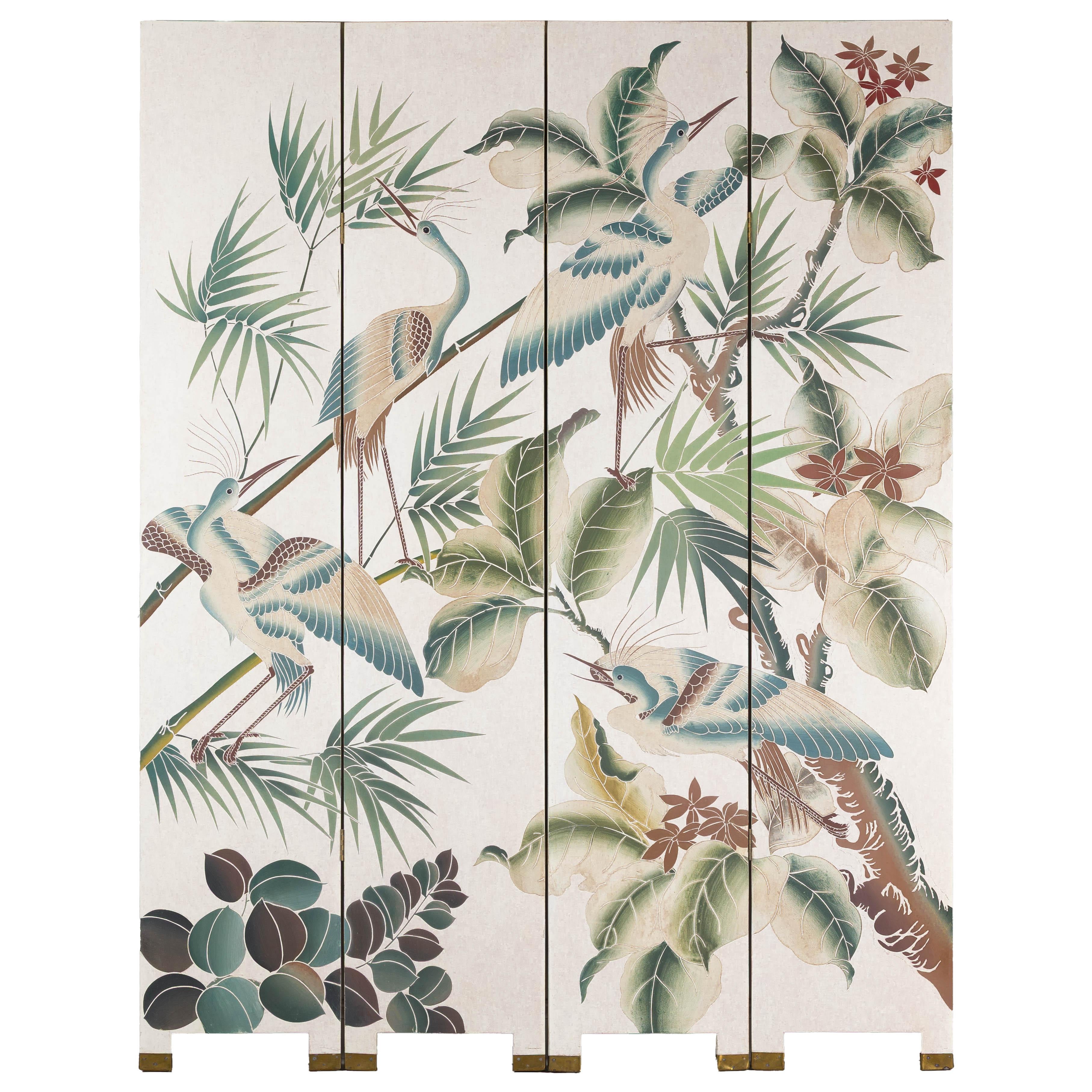 White Lacquer Four-Panel Screen with Hand-Painted Cranes and Foliage For Sale 14