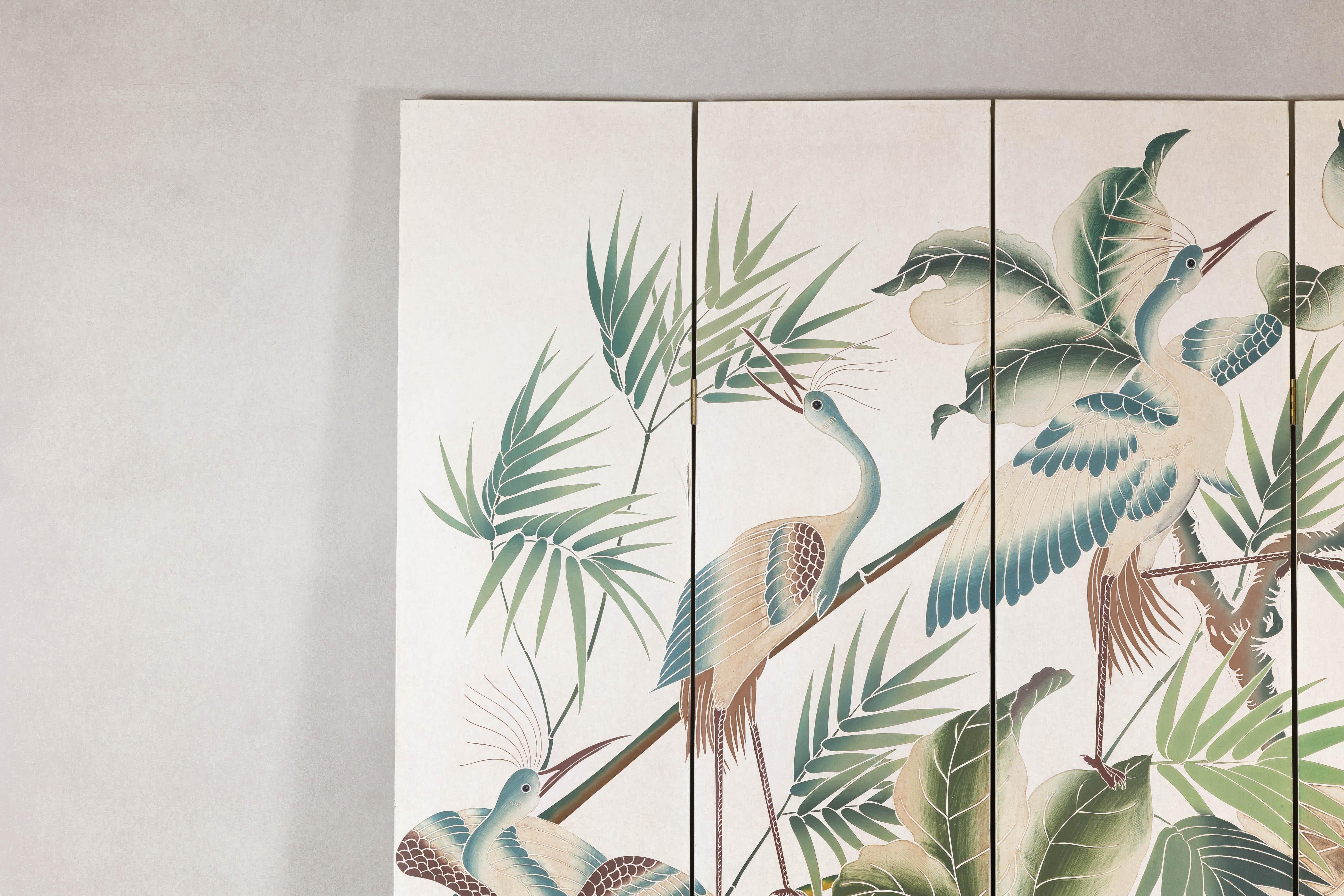 Chinese White Lacquer Four-Panel Screen with Hand-Painted Cranes and Foliage For Sale
