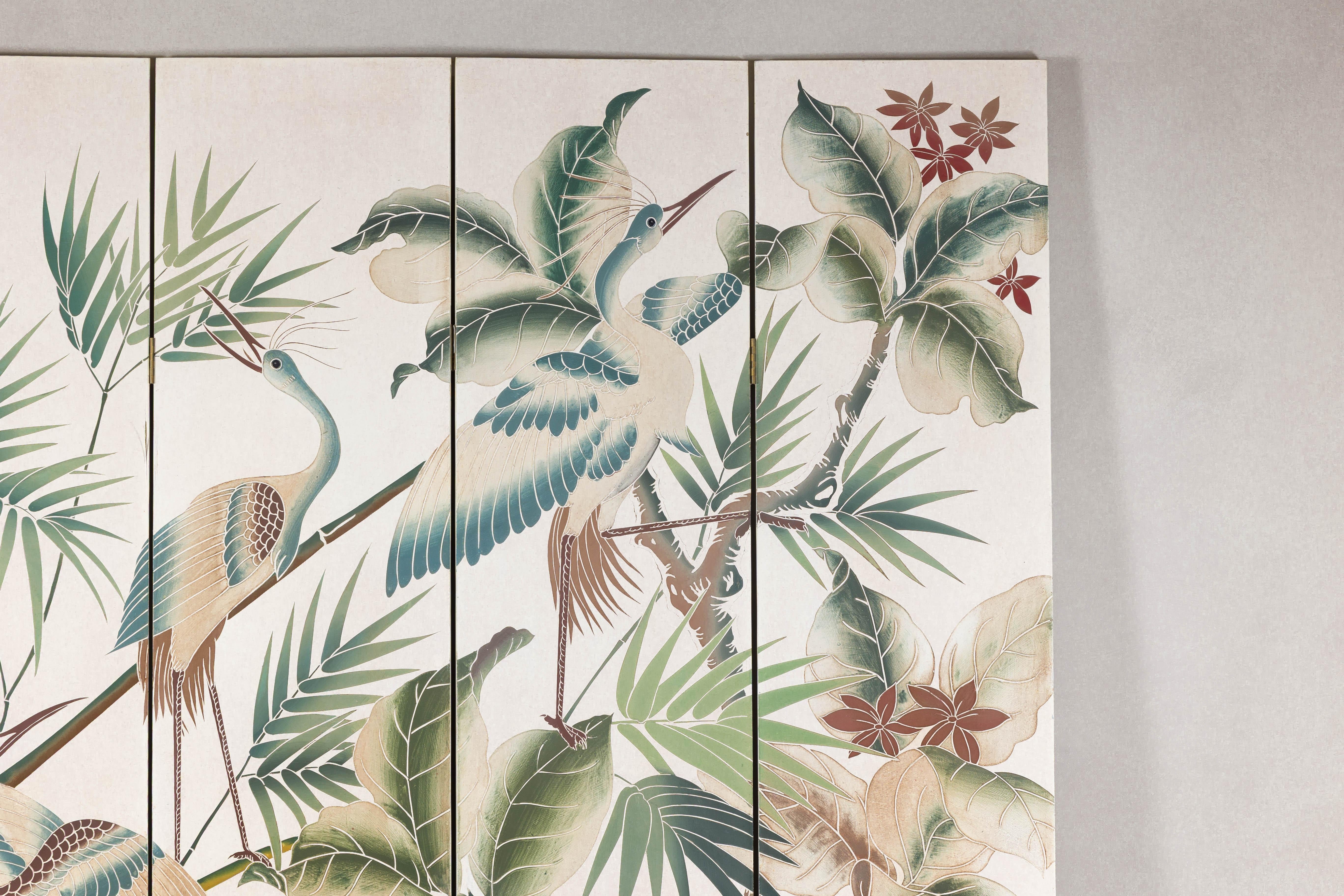 White Lacquer Four-Panel Screen with Hand-Painted Cranes and Foliage In Good Condition For Sale In Yonkers, NY