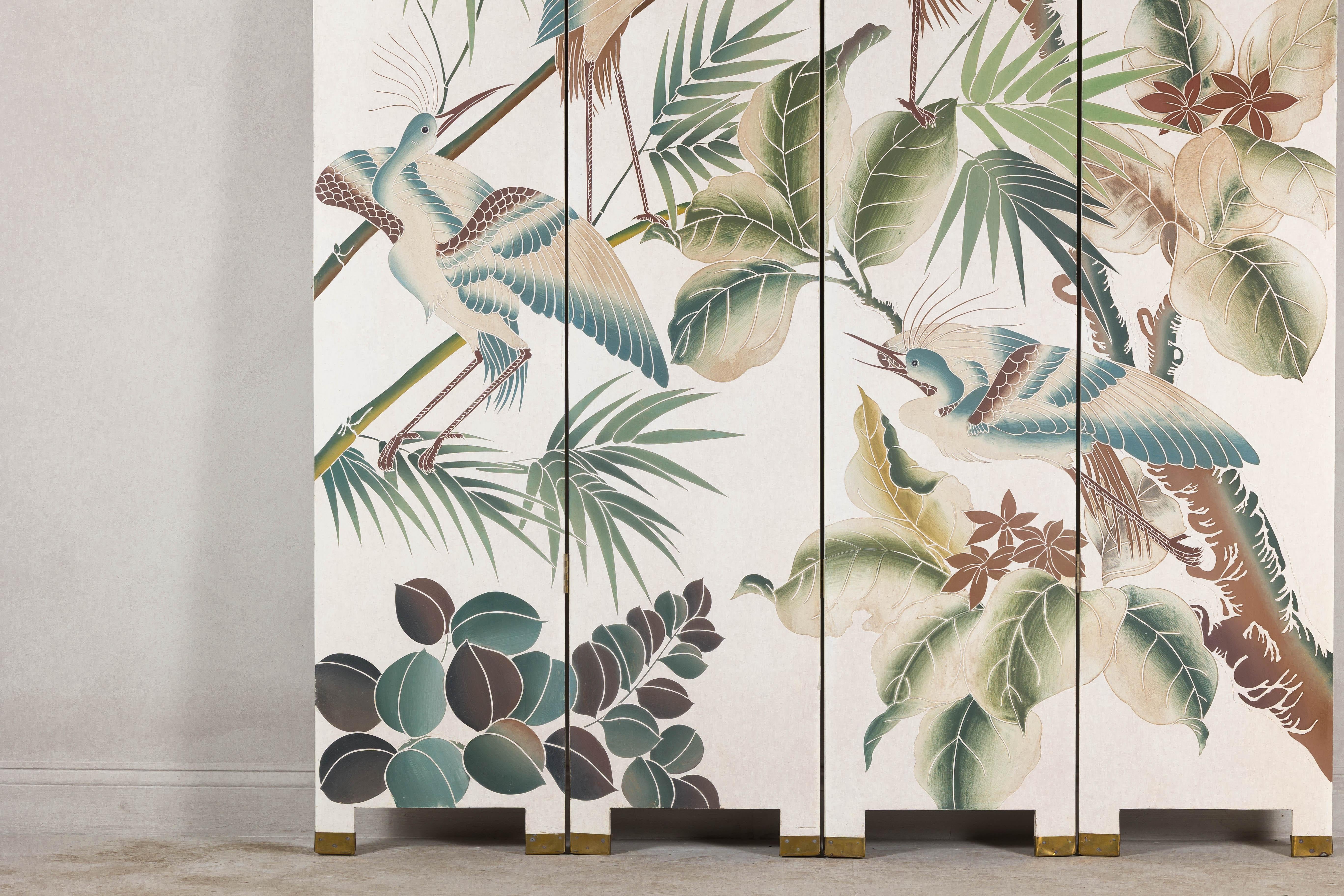 Wood White Lacquer Four-Panel Screen with Hand-Painted Cranes and Foliage For Sale