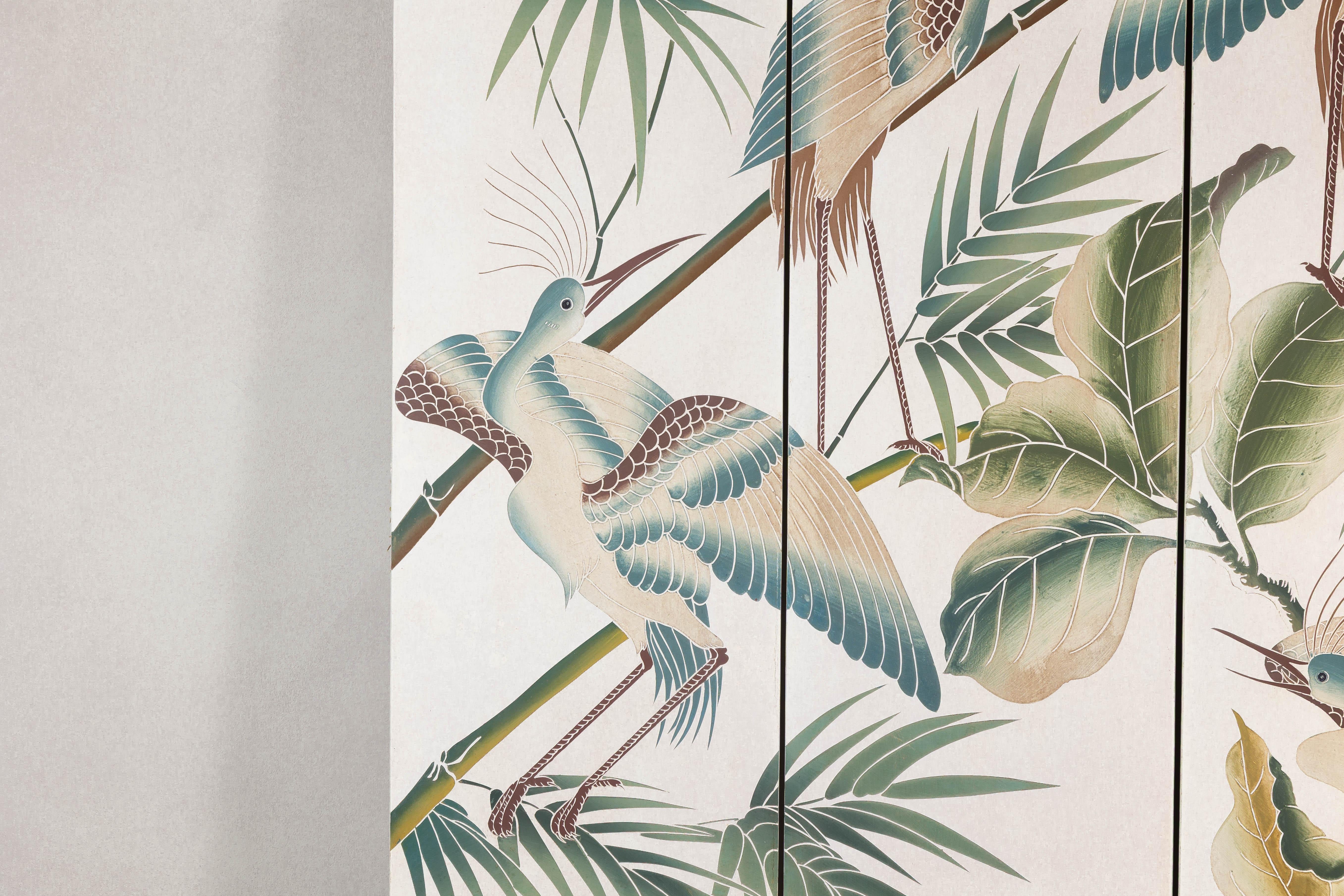 White Lacquer Four-Panel Screen with Hand-Painted Cranes and Foliage For Sale 1