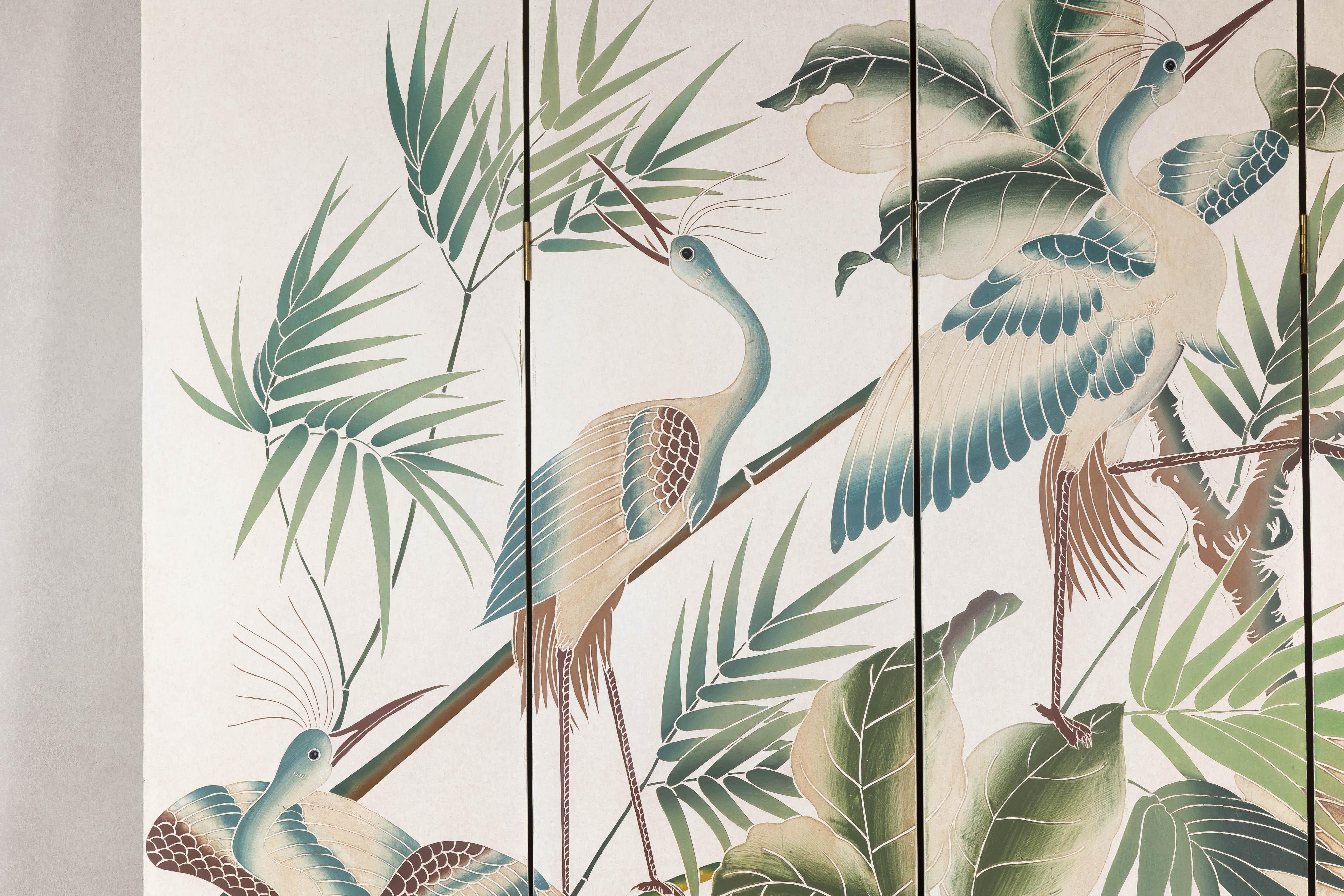 White Lacquer Four-Panel Screen with Hand-Painted Cranes and Foliage For Sale 3