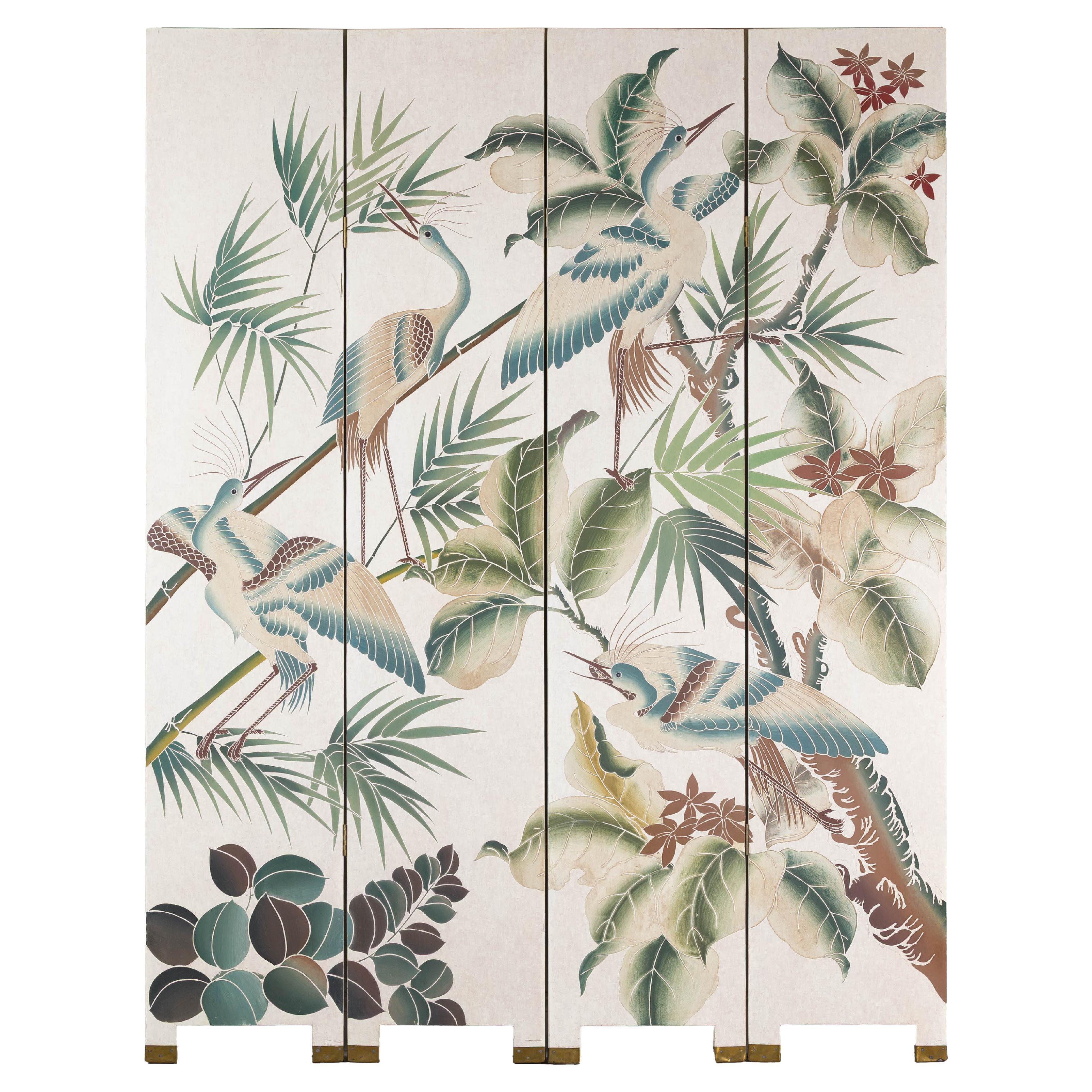 White Lacquer Four-Panel Screen with Hand-Painted Cranes and Foliage For Sale