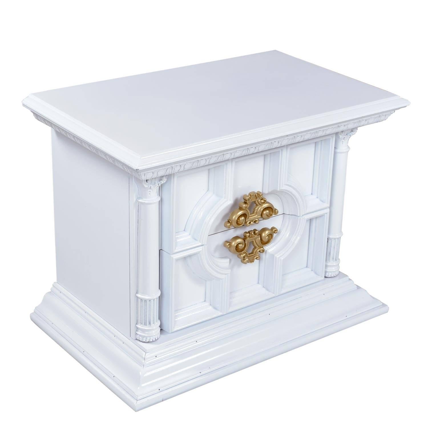 White Lacquer Hollywood Regency Monumental Greek Revival End Table Nightstands 1