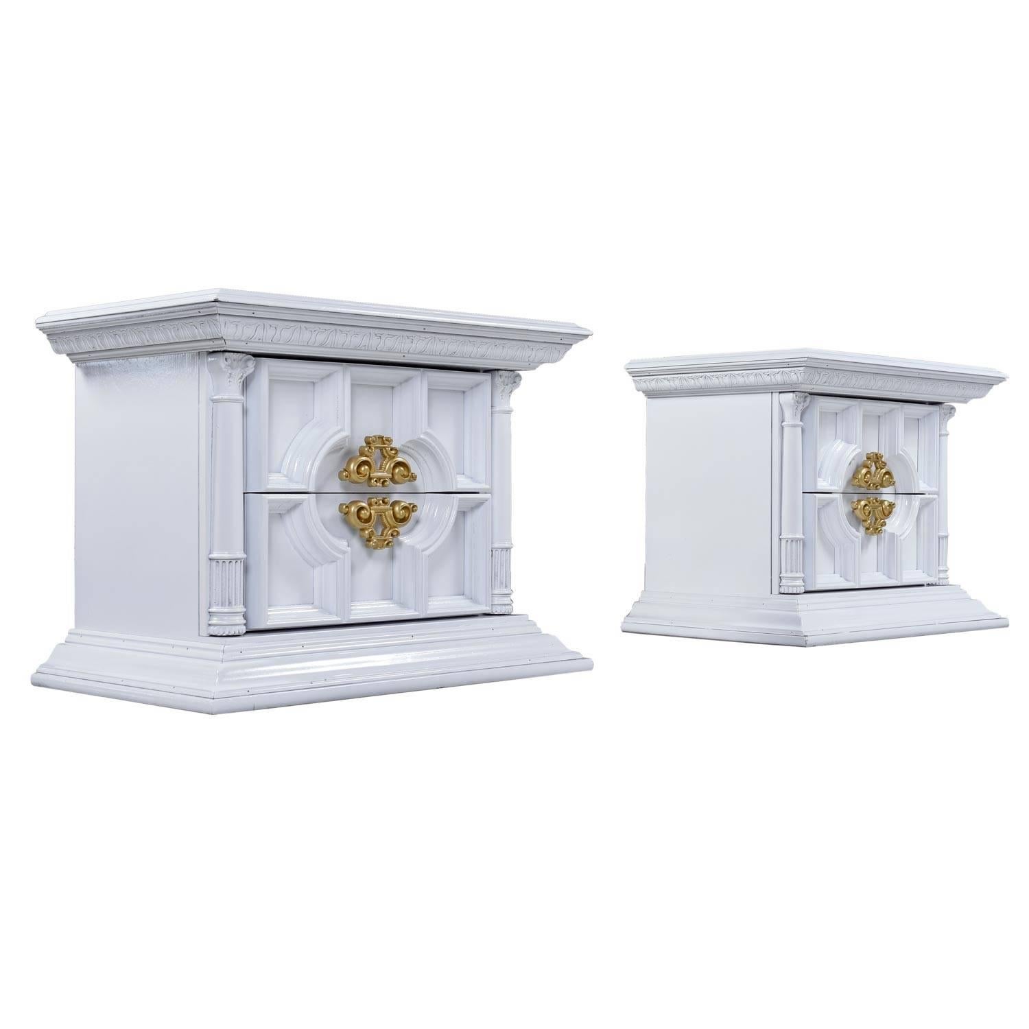 White Lacquer Hollywood Regency Monumental Greek Revival End Table Nightstands
