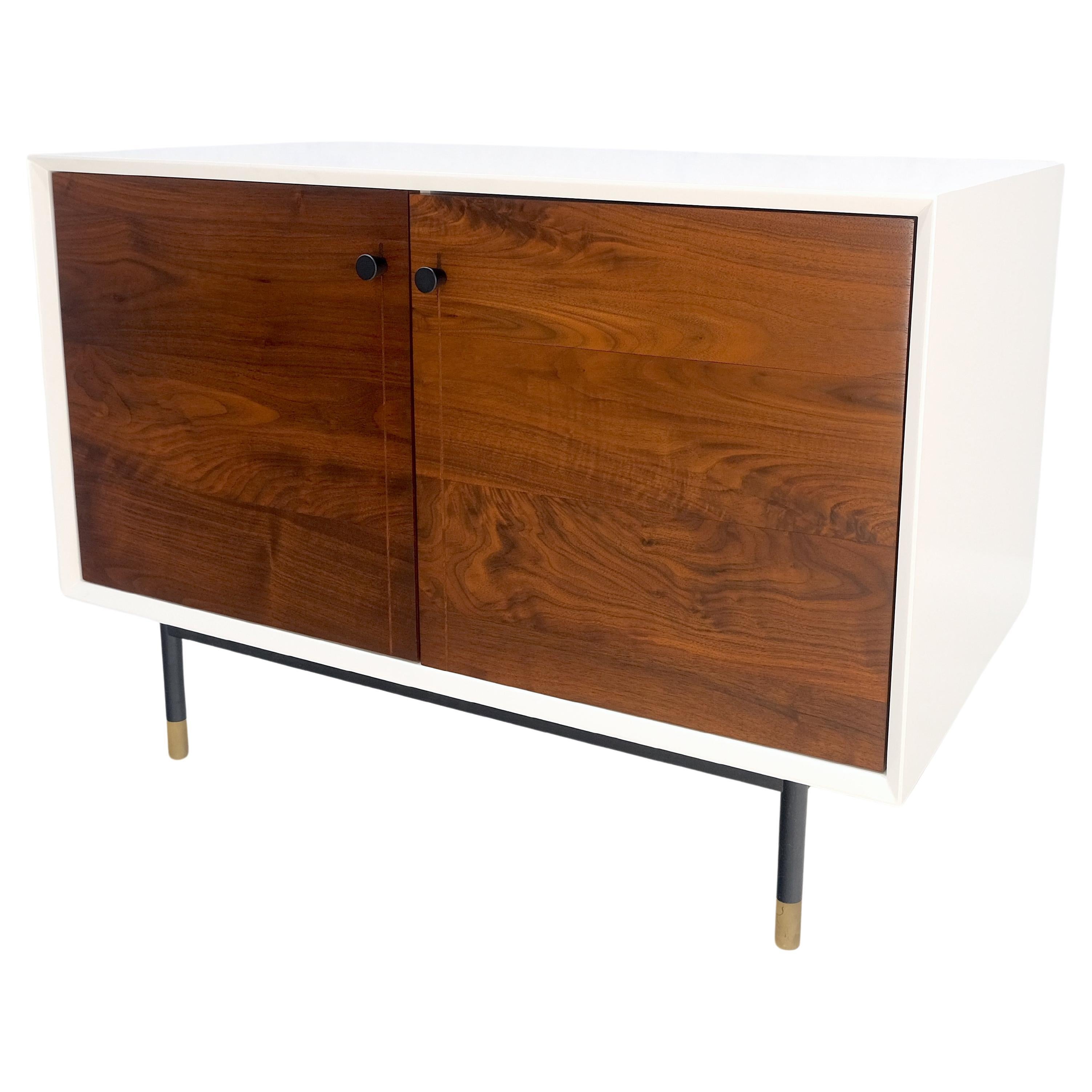 Mid-Century Modern White Lacquer Oiled Walnut Double Door Cylinder Legs Brass Tips Legs Credenza For Sale
