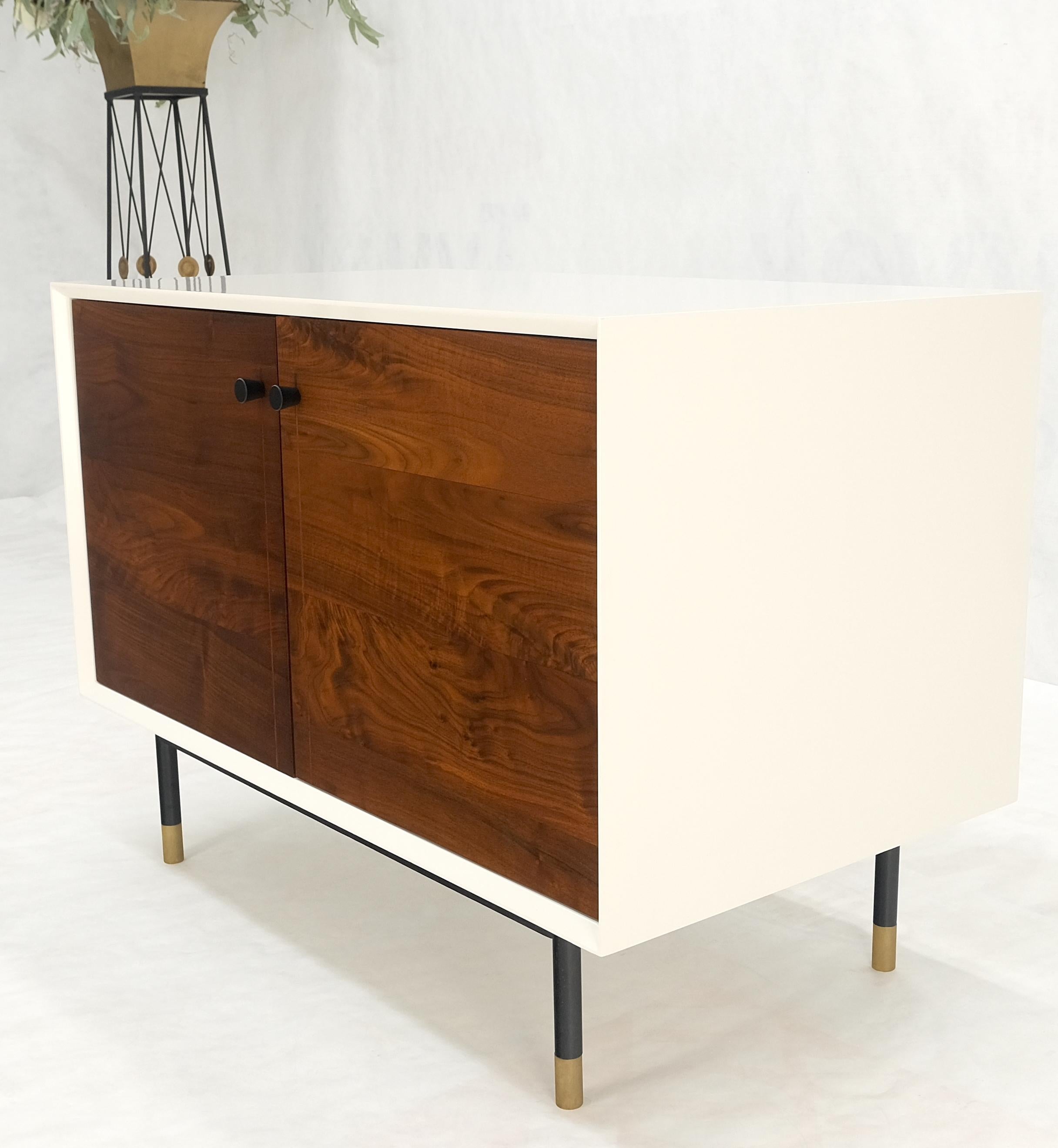 Contemporary White Lacquer Oiled Walnut Double Door Cylinder Legs Brass Tips Legs Credenza For Sale