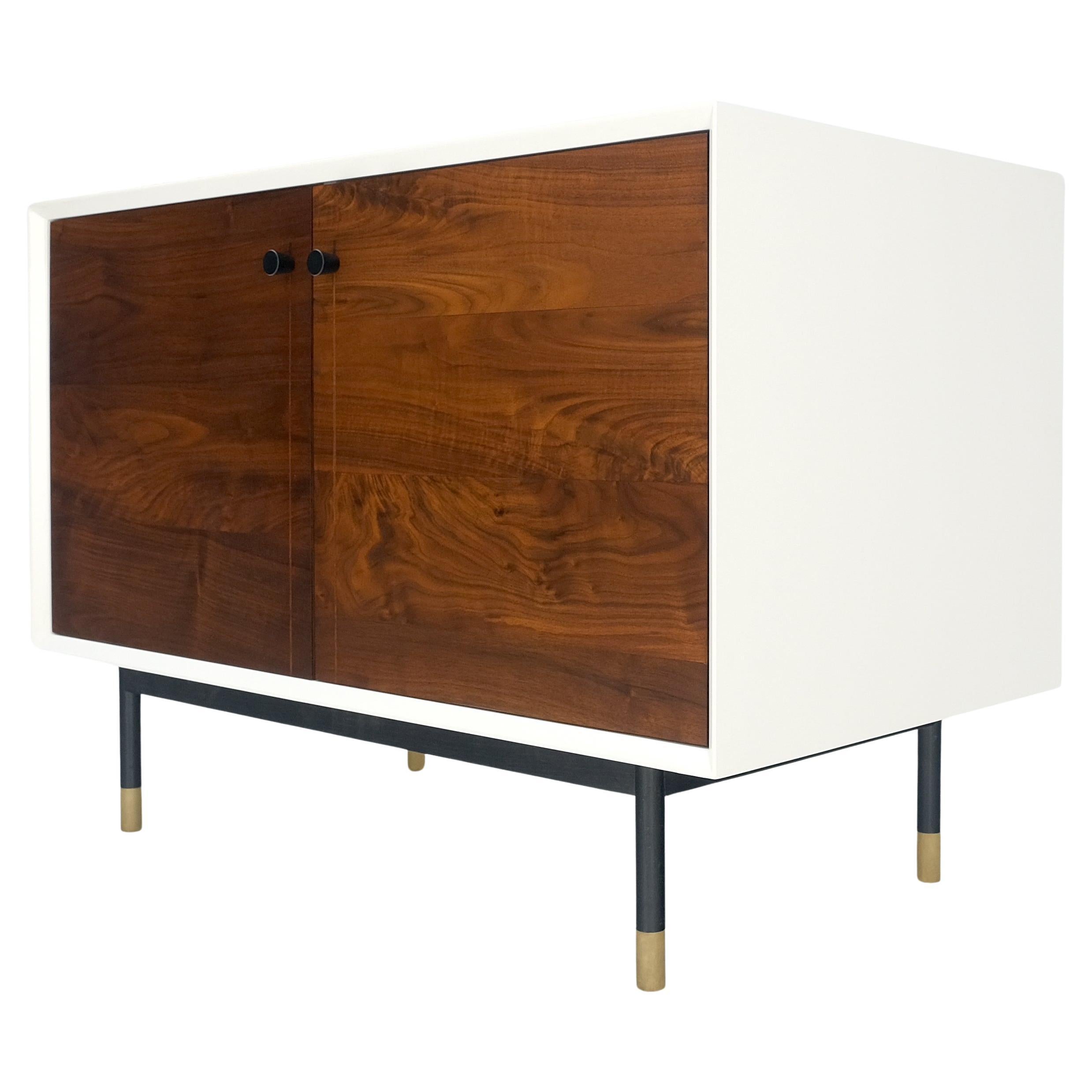 White Lacquer Oiled Walnut Double Door Cylinder Legs Brass Tips Legs Credenza For Sale