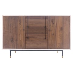 White Lacquer & Walnut 3 Drawer Two Compartments Credenza Mid Century MINT