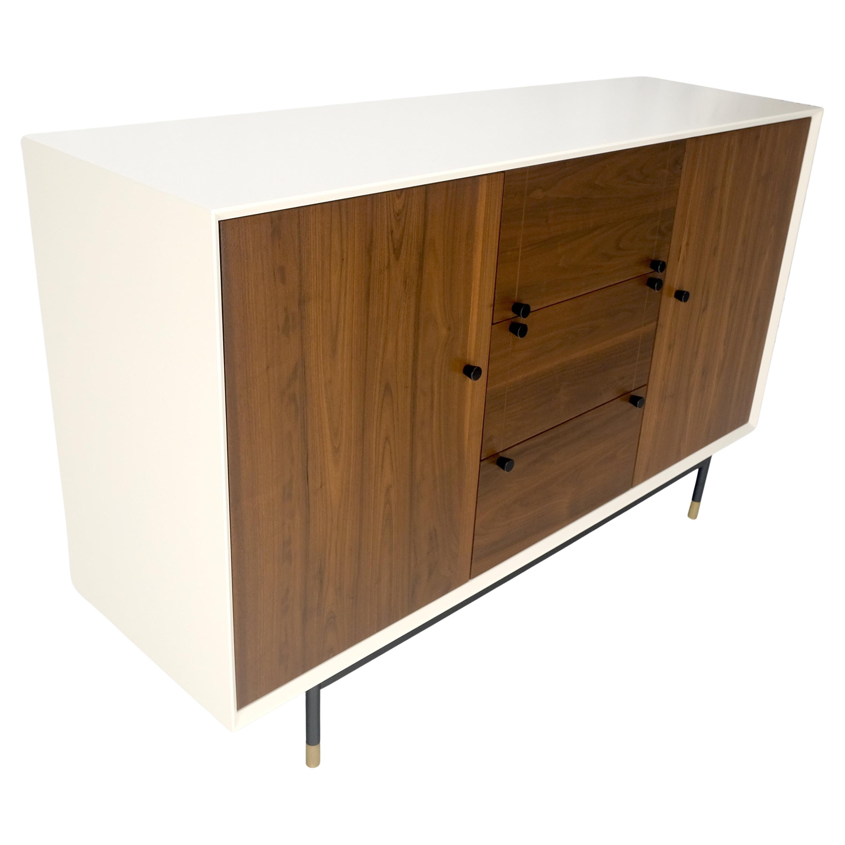 Weiß Lack Nussbaum 39" hoch Doppeltüren 3 Schublade Fach Credenza Dresser