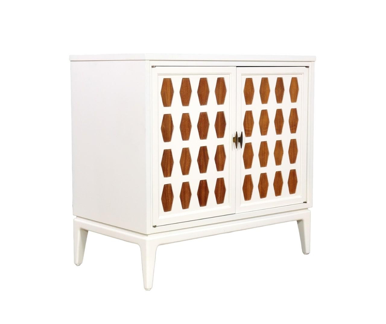 20th Century White Lacquer, Walnut and Brass Mid-Century Cabinet For Sale