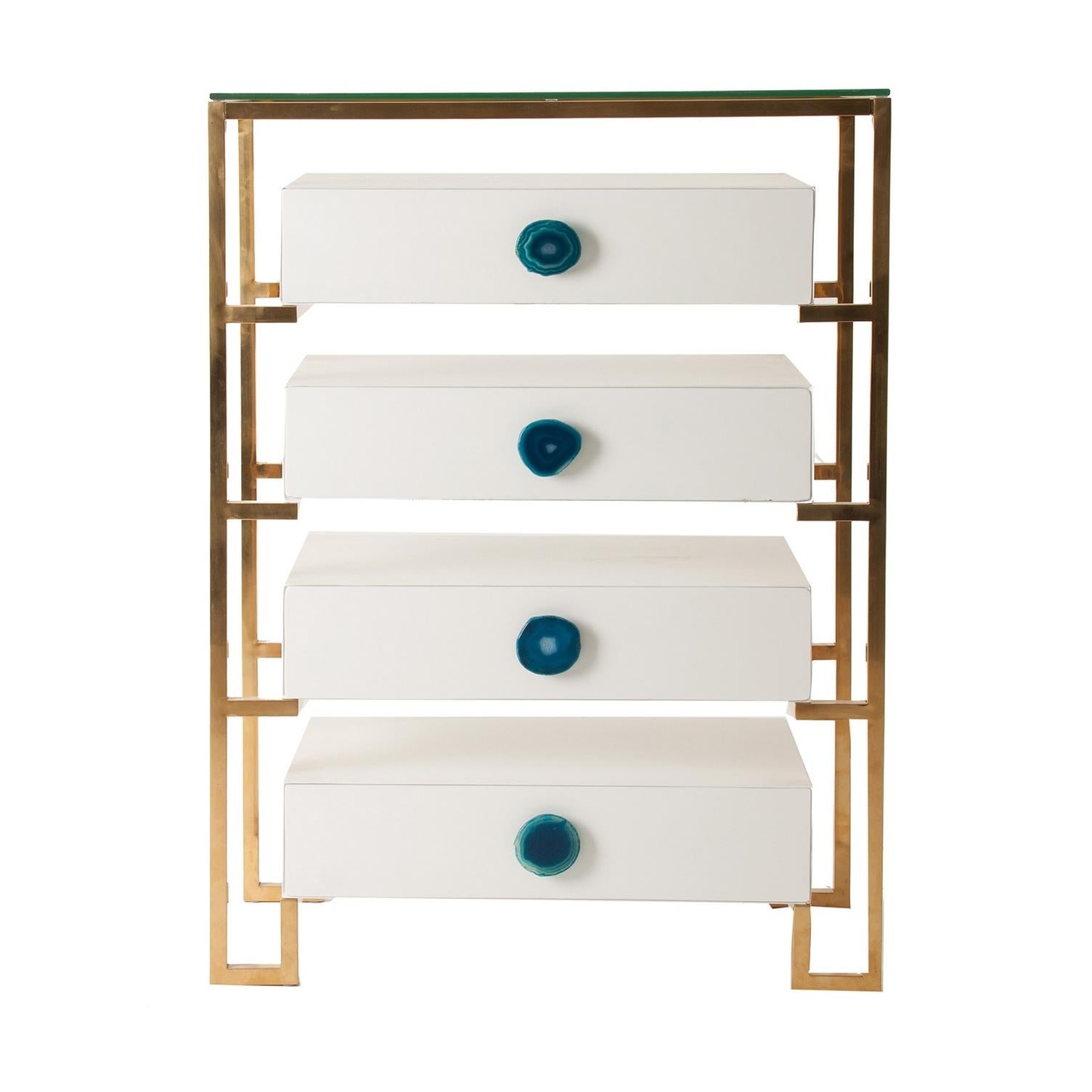 Gilded metal and white lacquer wooden with agate handles and glass tray chest of drawers.