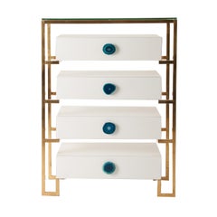 White Lacquer Wooden and Agate Handles Chest of Drawers